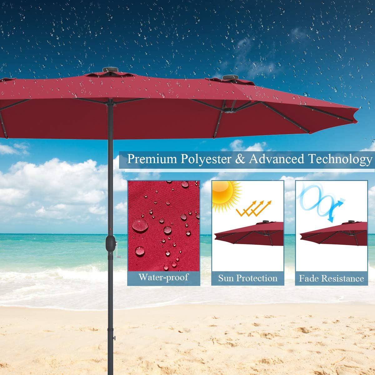 Tangkula 15 Ft Double Sided Patio Umbrella with Solar Lights, Extra Large Rectangle Outdoor Umbrella with 36 LED Lights & Crank Handle for Deck, Poolside, Garden, Backyard (Burgundy)