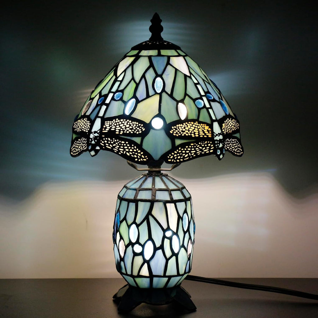 Small Tiffany Lamp Stained Glass Table Lamp Mini Mother Daughter Vase Desk Accent Light for Bedroom Bedside Reading Home Antique Style Decor 8X14 Inches (Sea Blue Dragonfly)