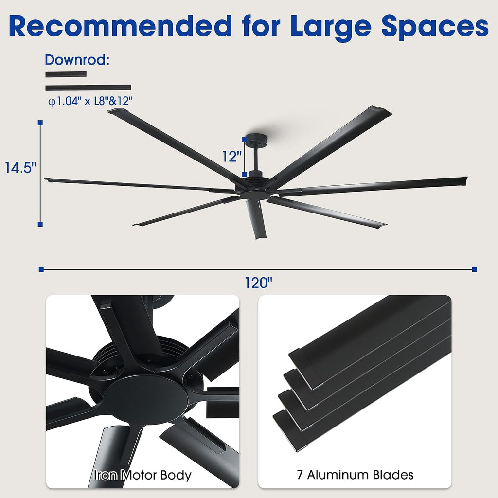 120 Inch Ceiling Fans Industrial Large Big Commercial Shop Fan with Remote Control, 6-Speed Reversible Outdoor Ceiling Fans for Patios Garage Warehouse Barn, 7 Aluminum Blade DC Motor High CFM, Black