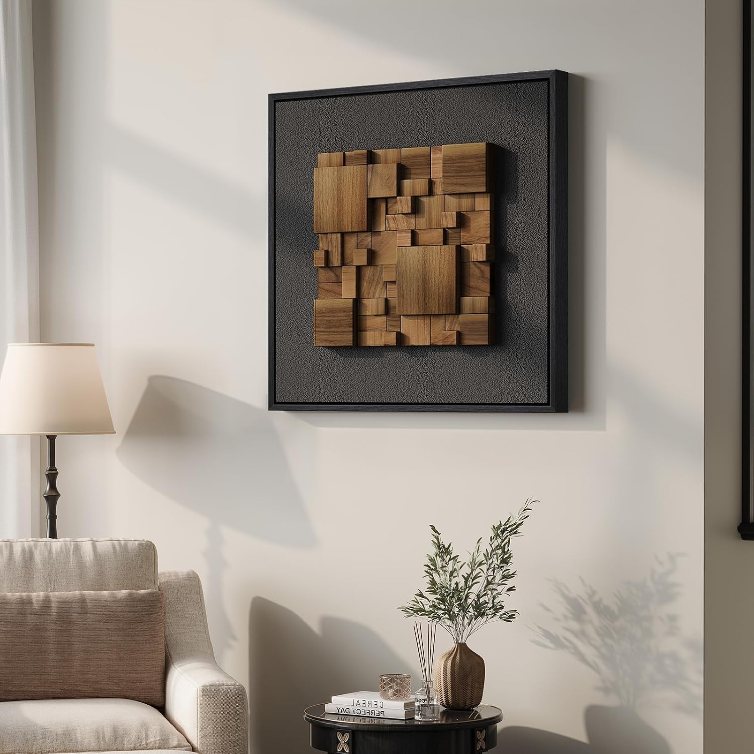 Framed 3D Textured Wood Abstract Wall Art Decor for Living Room, Modern Square Geometric Wooden Artwork for Walls, Minimalist Black Sandstone Wall Decor for Hallway, Kitchen, Bedroom, Office, 20x20