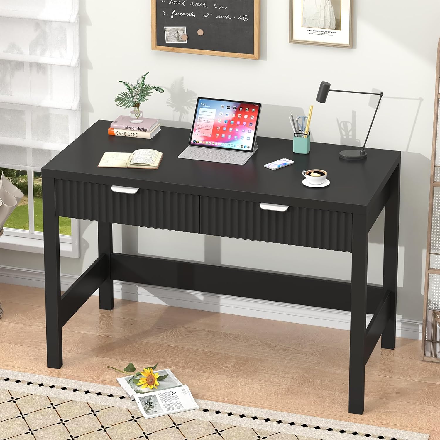 YOMILUVE Fluted Computer Desk with 2 Drawers, 39 Inch Small Computer Desk with Storage, Compact Writing Study Desk for Small Spaces, Black