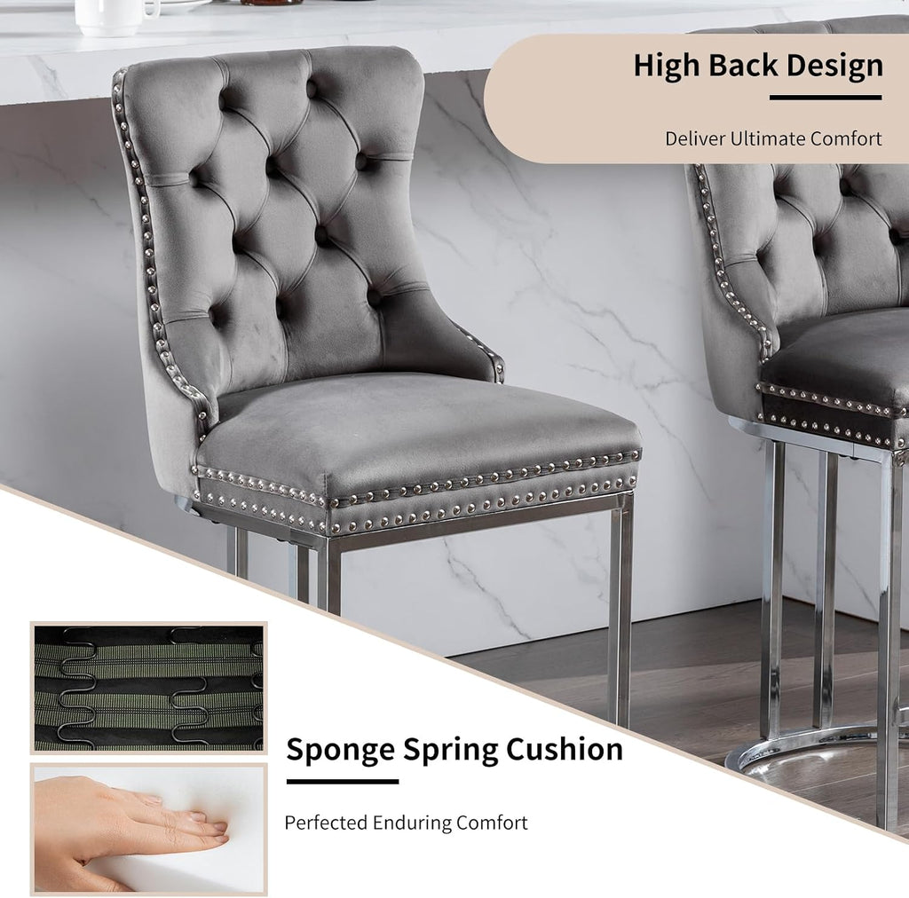25' Counter Height Bar Stools Set of 6, Velvet Counter Stools for Kitchen Island, Tufted High Chair with Backs, Fabric Upholstered Modern Barstools for Pub Cafe, Chromed Metal Legs (Gray, 6Pcs)