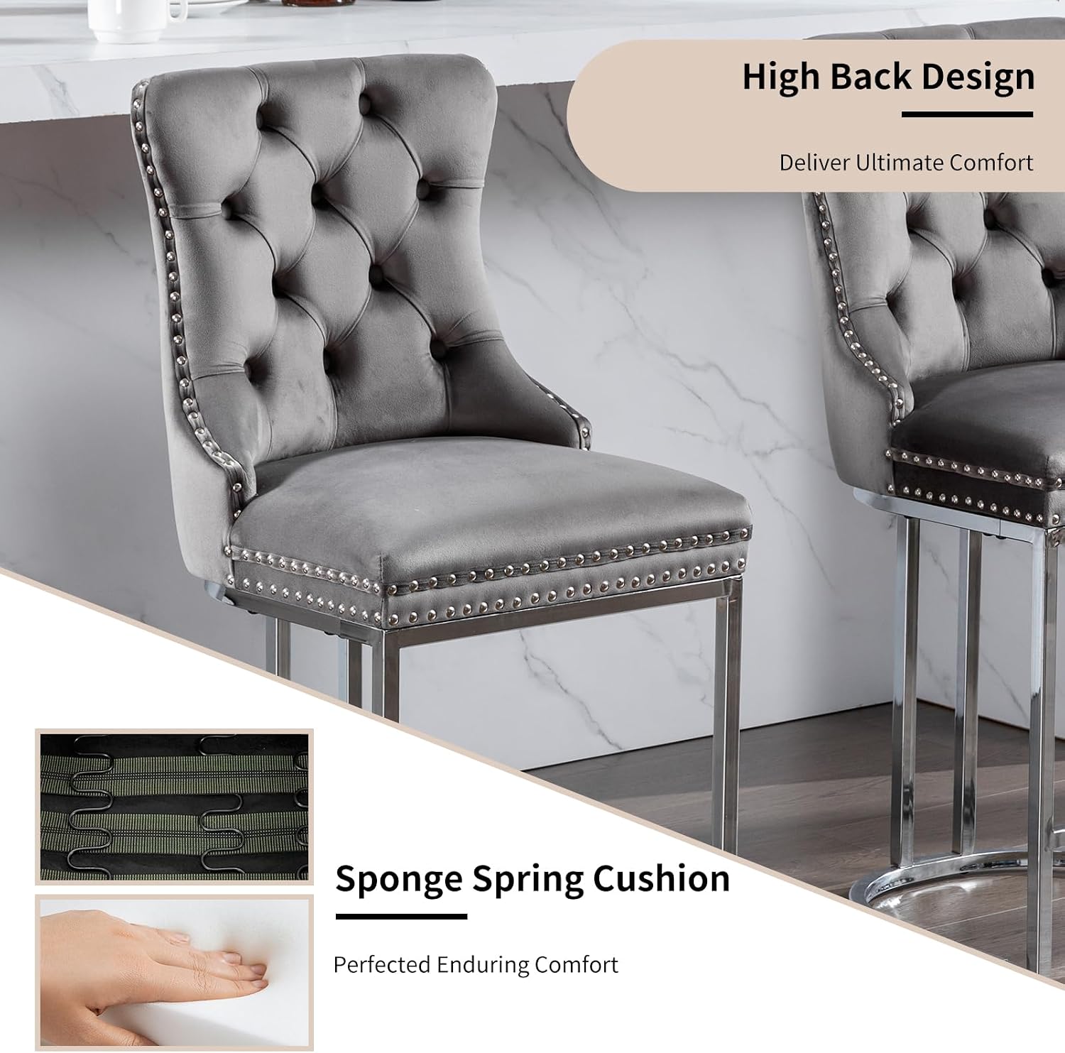 25' Counter Height Bar Stools Set of 6, Velvet Counter Stools for Kitchen Island, Tufted High Chair with Backs, Fabric Upholstered Modern Barstools for Pub Cafe, Chromed Metal Legs (Gray, 6Pcs)