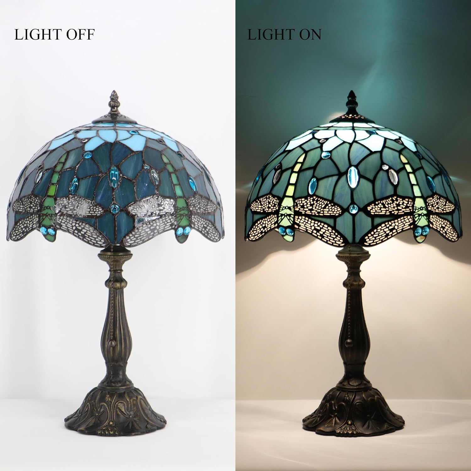 Tiffany Style Lamp Stained Glass Table Lamp Memory Sympathy Desk Reading Light 12X19 Inch (Sea Blue Dragonfly)