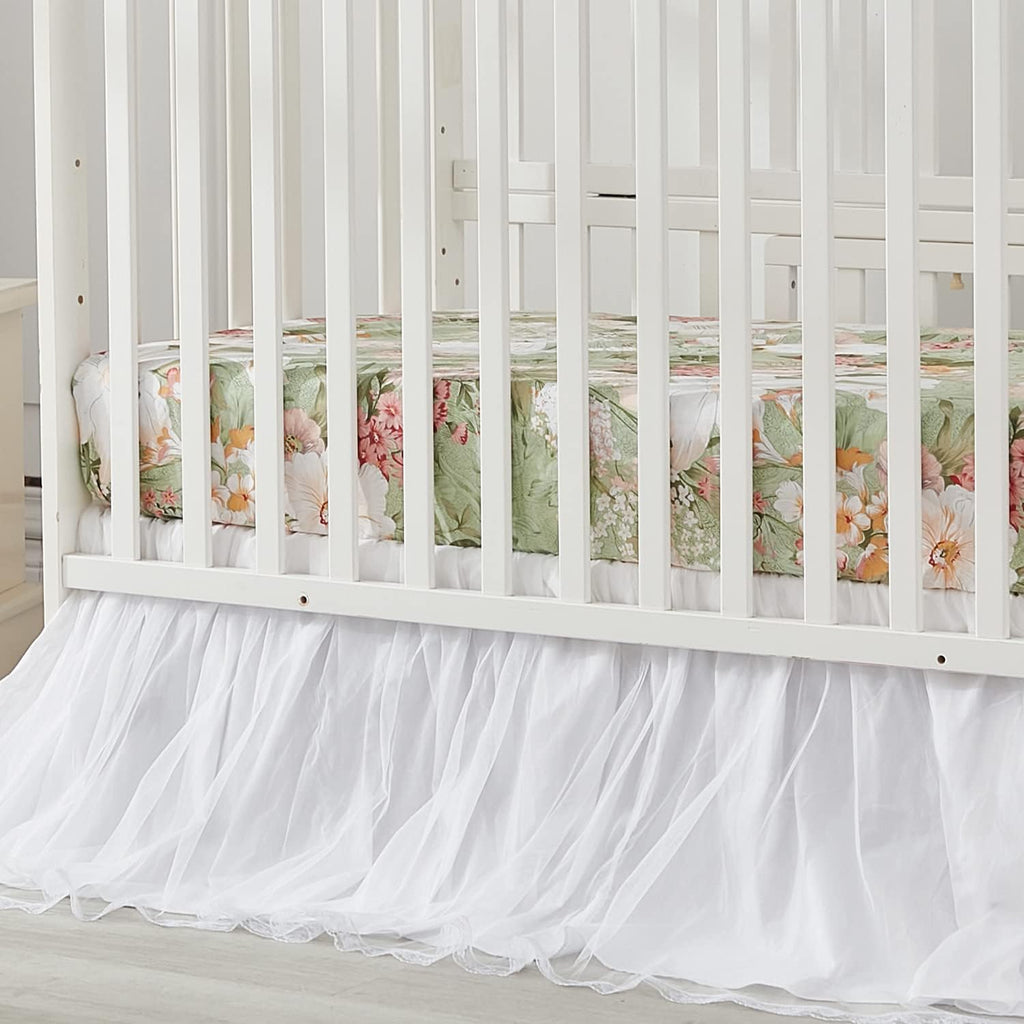 Brandream Crib Bedding Sets for Girls Garden Floral Nursery Set 3-Piece | Ruffled Baby Comforter, Crib Sheet and Tulle Lace Crib Bed Skirt, Green White