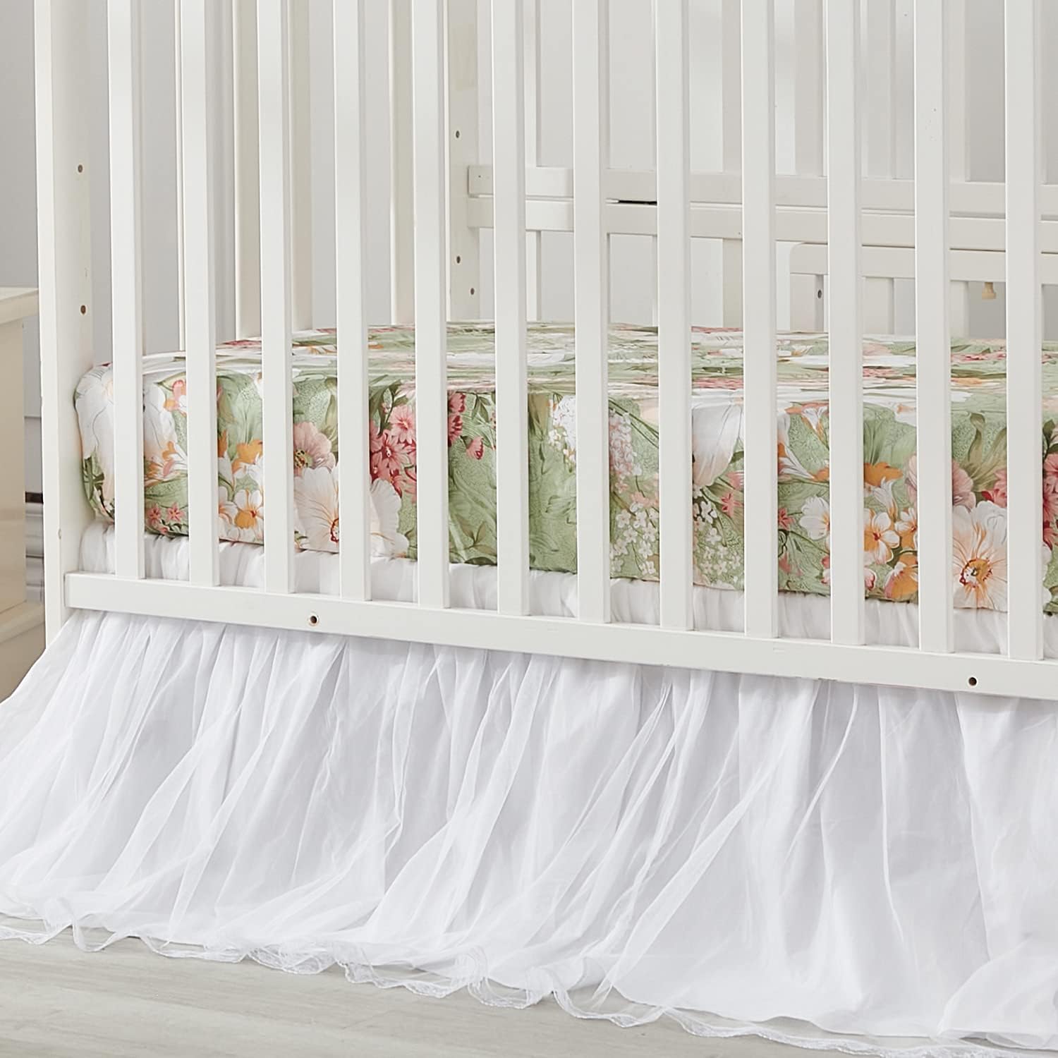 Brandream Crib Bedding Sets for Girls Garden Floral Nursery Set 3-Piece | Ruffled Baby Comforter, Crib Sheet and Tulle Lace Crib Bed Skirt, Green White