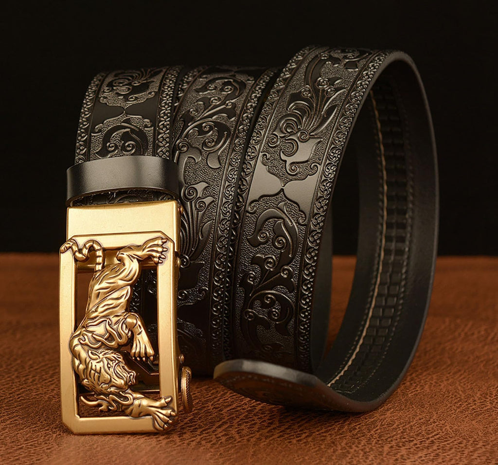 Mens Ratchet Leather Belt, Genuine Leather belts, Engraved Vintage Dragon Eagle Tiger Buckle, Business leisure belt