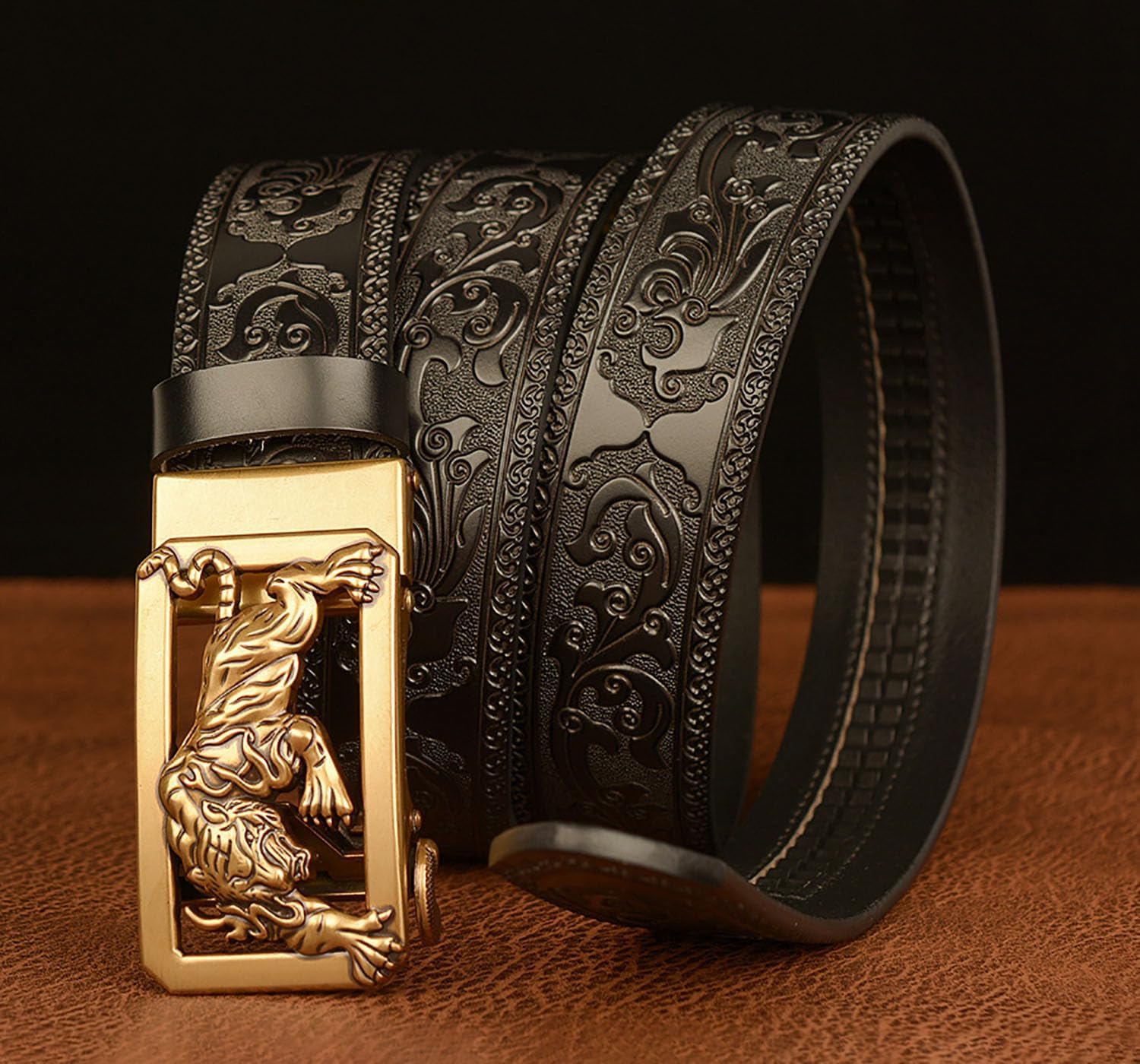 Mens Ratchet Leather Belt, Genuine Leather belts, Engraved Vintage Dragon Eagle Tiger Buckle, Business leisure belt