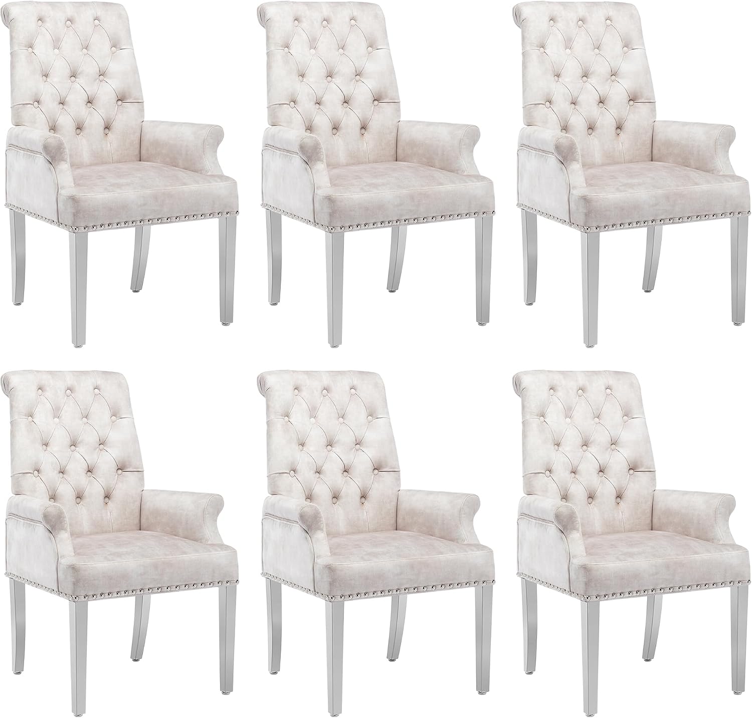 LOULENS Luxurious Velvet Dining Chairs Set of 6, Modern Upholstered Tufted Dining Room Chairs, Armrests Dining Chairs with Stainless Steel Leg (Beige + Velvet)