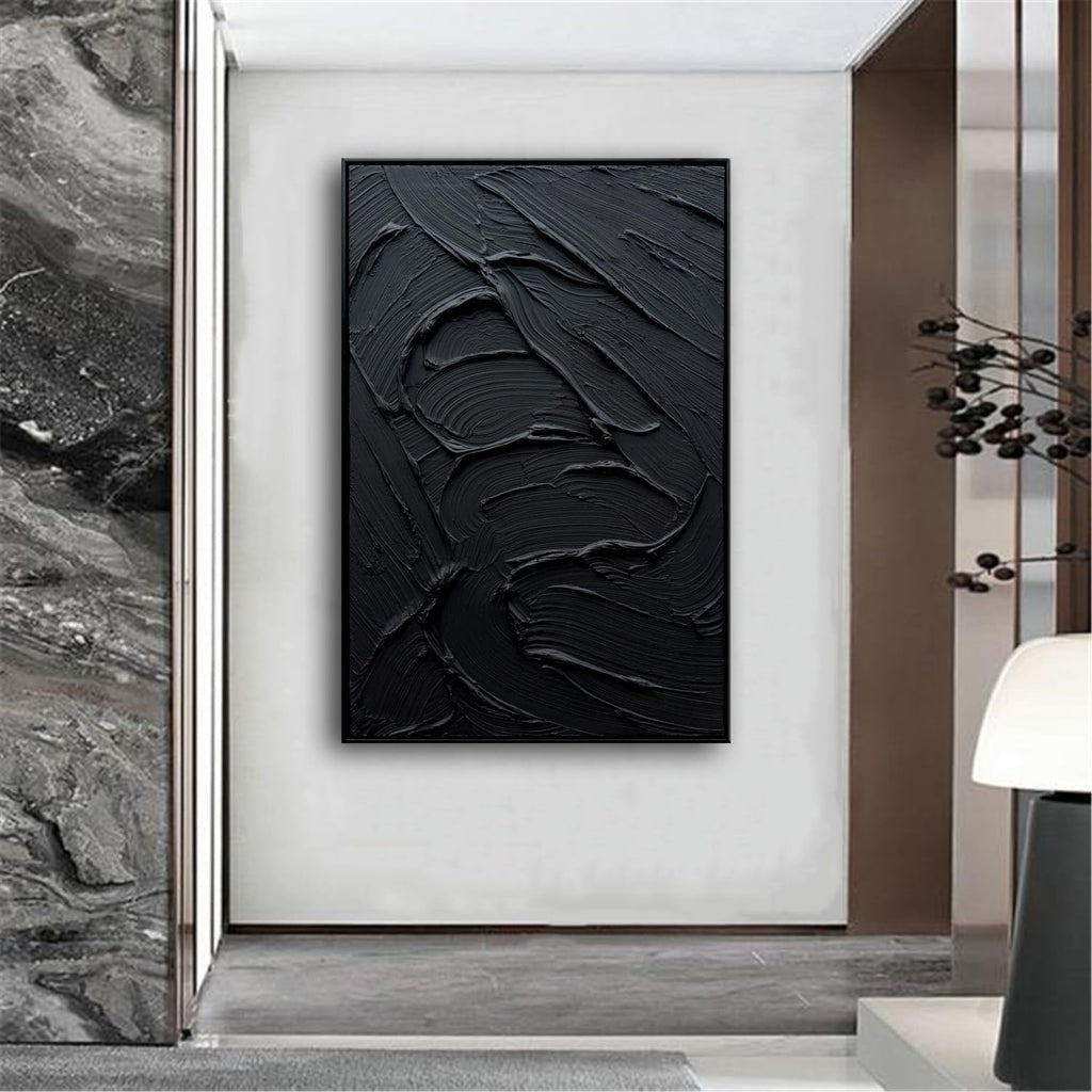 Slyart Framed Black Textured Wall Art, Hand Painted Contemporary Abstract Oil Painting, Framed Thick Texture Vertical Canvas Wall Art 24x36 Inch