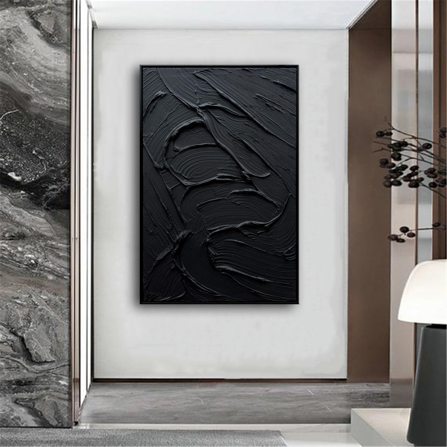 Slyart Framed Black Textured Wall Art, Hand Painted Contemporary Abstract Oil Painting, Framed Thick Texture Vertical Canvas Wall Art 24x36 Inch