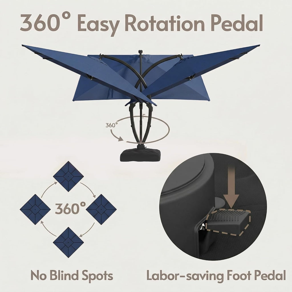 ENSTVER 11x11ft Large Cantilever Umbrella With Base Included & Solar Powered Led Lights, Deluxe Curvy All-Aluminum Rectangular Patio Umbrella For Deck, Pool And Backyard (Navy Blue)