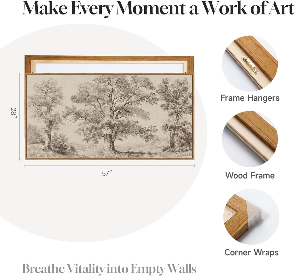 Framed Vintage Landscape Canvas Wall Art for Living Room, Extra Large Horizontal Rustic Tree Botanical Picture Prints Paintings, Neutral Wabi Sabi Artwork Decor for Bedroom Entryway 60x30 Inch