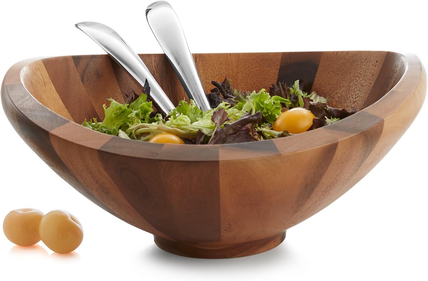 nambe Butterfly Acacia Wood Salad Bowl with 2 Salad Servers | Made of Acacia wood and Nambe Alloy | Large Deep Wooden Bowls | Acacia Wood Salad Bowl Set | Designed by Sean O'hara (16-in)