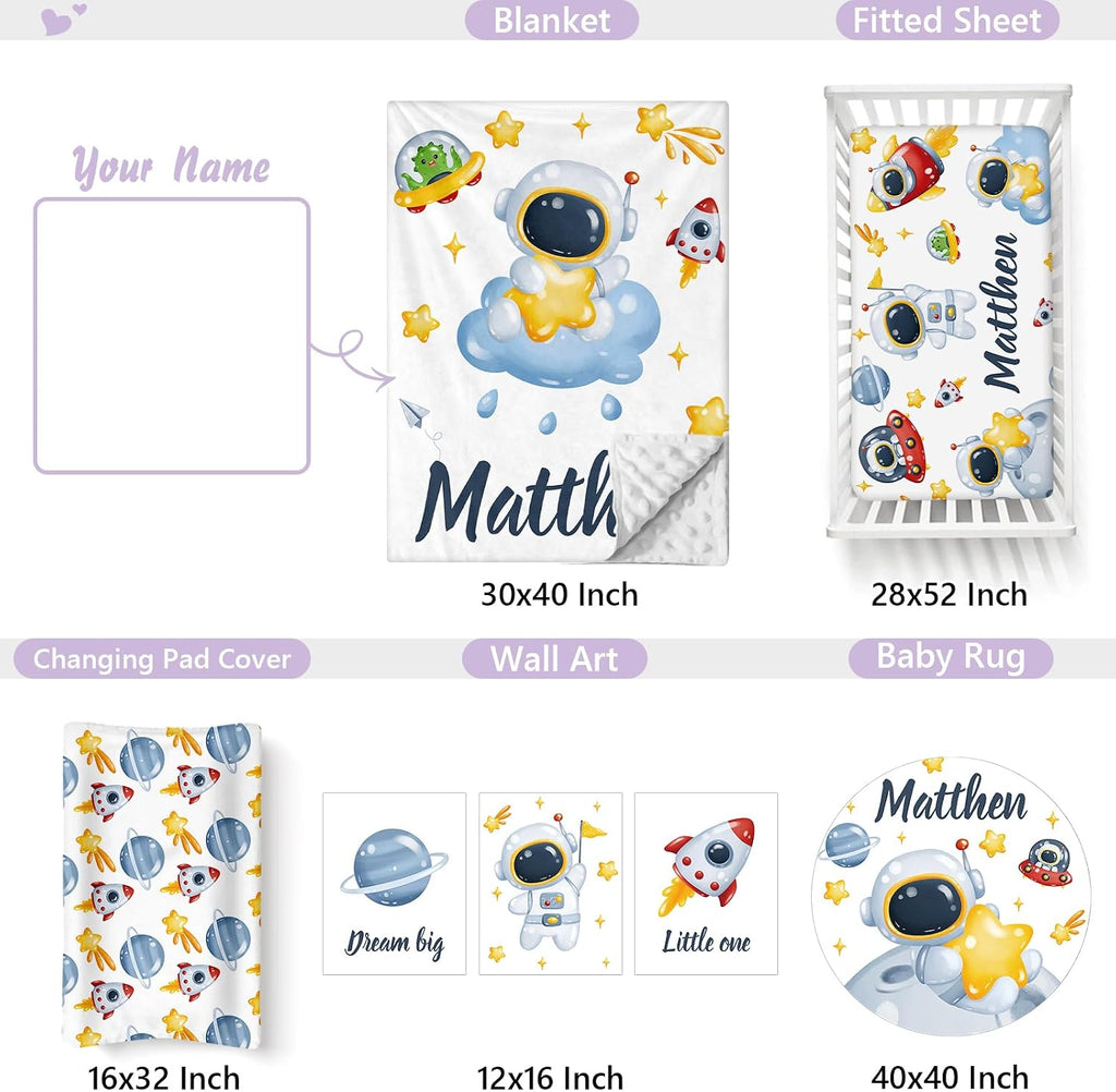 Custom Baby Crib Bedding Set, 5 PCS Personalized Name Baby Crib Sets for Girls Boys, Spaceman Theme Nursery Bedding Sets for Infant Toddler, Double Layer Flannel Bed Set Customized Gifts