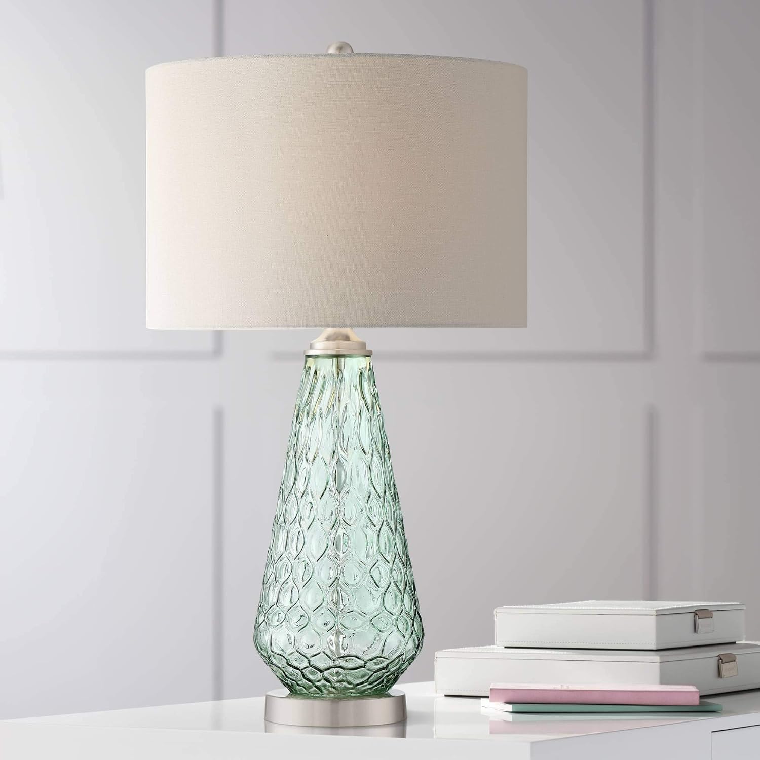 360 Lighting Julia 26 3/8' Tall Modern Coastal Table Lamps Set of 2 Seafoam Green Glass Living Room Bedroom Bedside Nightstand House Office Home Reading Kitchen Entryway Off-White Shade