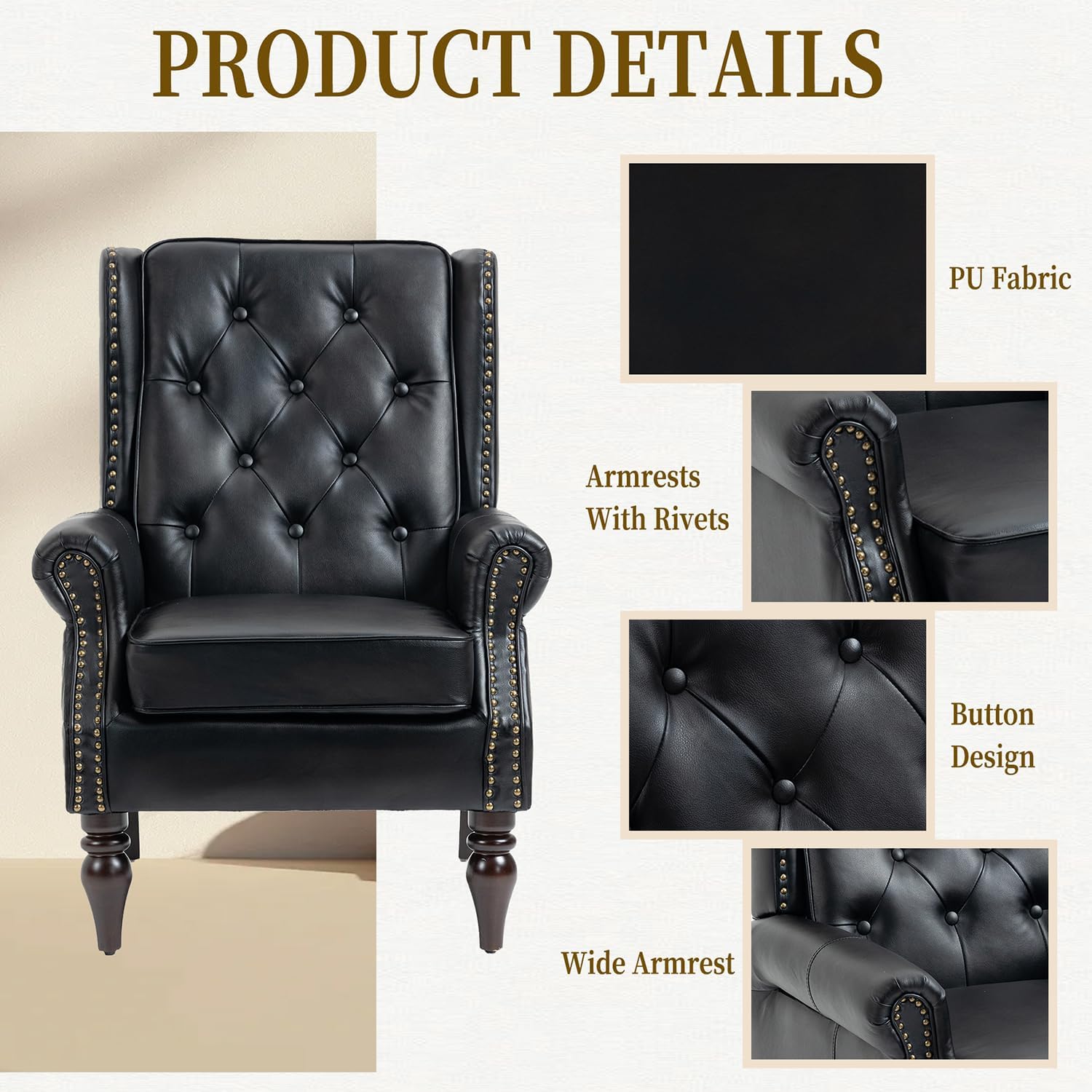 Mid-Century Wingback Chair, PU Leather Accent Chair Armchair with Buttons,Modern Living Room Chairs with Rivet Decoration,Leisure Single Sofa Chair for Bedroom,Club,Home Reception (PU Black)