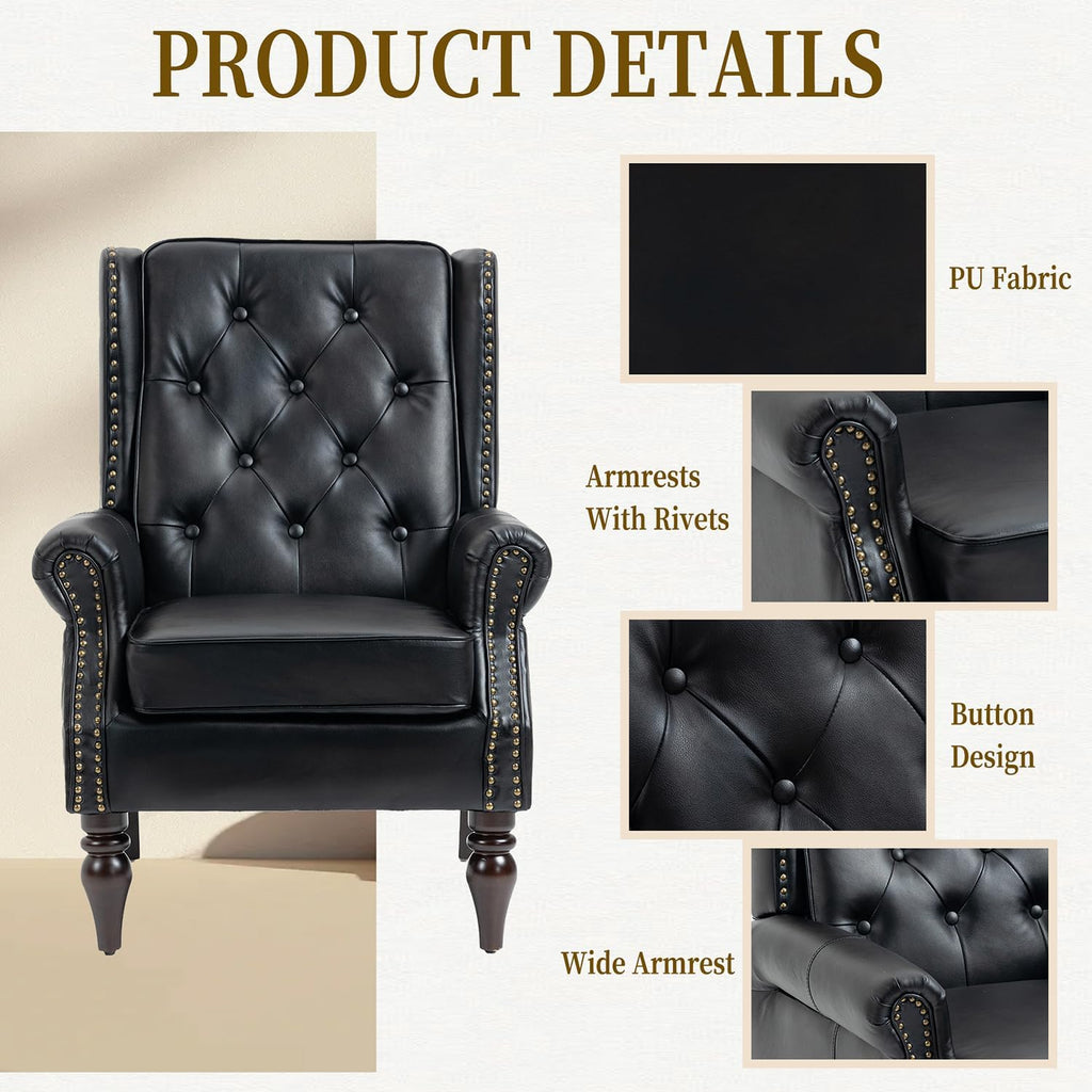 Mid-Century Wingback Chairs Set of 2,Faux Leather Accent Chairs Armchair with Buttons,Modern Living Room Chairs with Rivet Decoration,Single Sofa Chair for Bedroom,Club,Home Reception (Black)