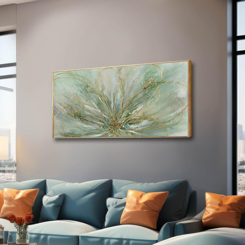 YJYart Green Abstract Canvas Artwork Flowers Wall Decor for Office Line Art Painting 24'x 48' Pictures for Bedroom Dining Room Neutral Wall Art