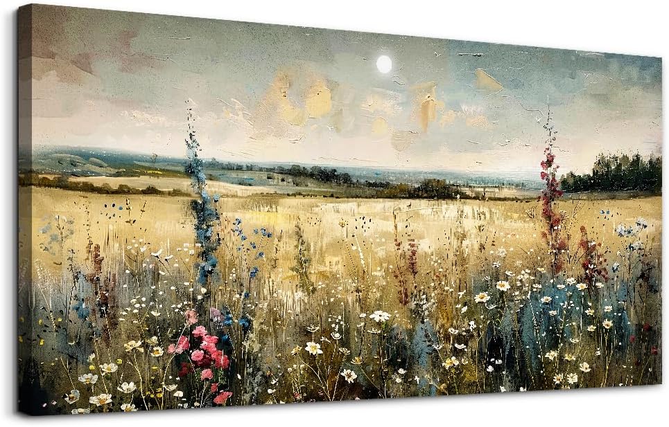 KELIYUAN Large Vintage Natural Field Landscape Painting Home Decor Farmhouse Vintage Meadow Wildflowers Modern Printed Artwork Living Room Decor Bedroom Office Can Be Hung Directly 30 X 60 Inches