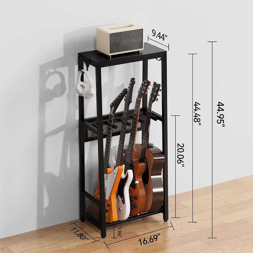 EmberGlow Multi-Guitar Stand with Top Display Shelf - Heavy Duty 26lbs Metal Guitar Rack with Adjustable Spacing & Soft EVA Padding, Premium Instrument Holder for Acoustic, Electric, Bass, Ukulele, Model S(Brown)