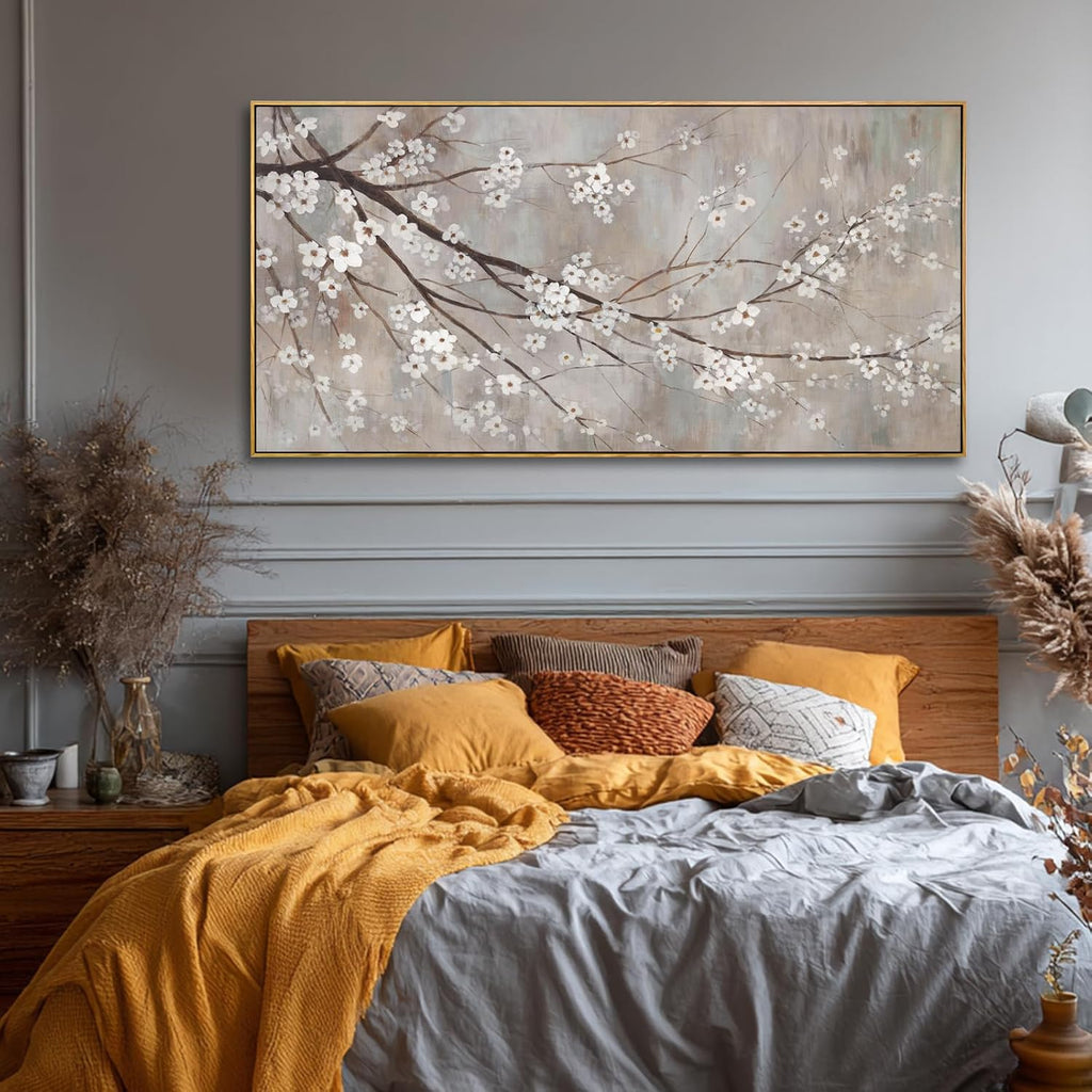 Flowers Wall Art Grey Pictures Wall Painting Large Framed Canvas Art Landscape Artwork for Dining Room Home 29'x 58' Ready to Hang