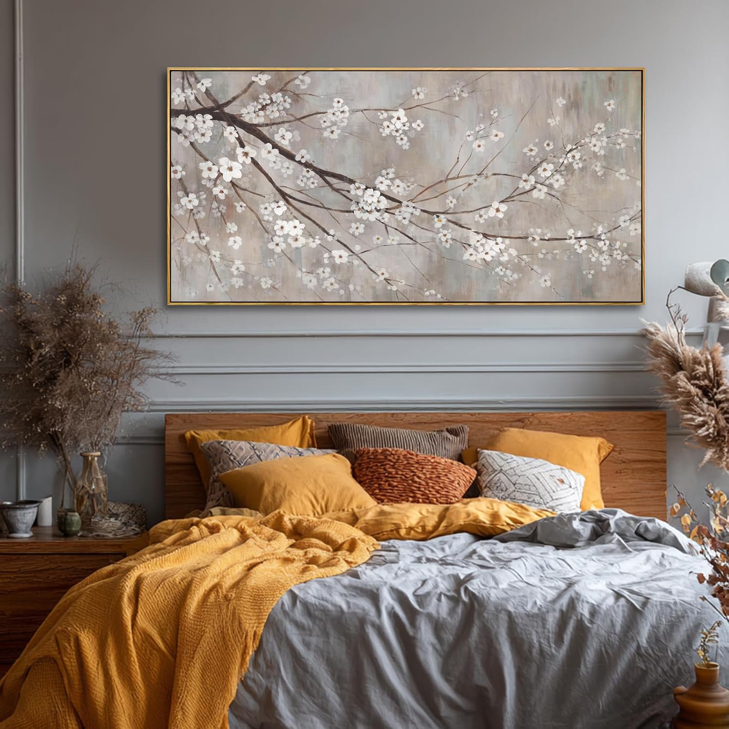Flowers Wall Art Grey Pictures Wall Painting Large Framed Canvas Art Landscape Artwork for Dining Room Home 29'x 58' Ready to Hang