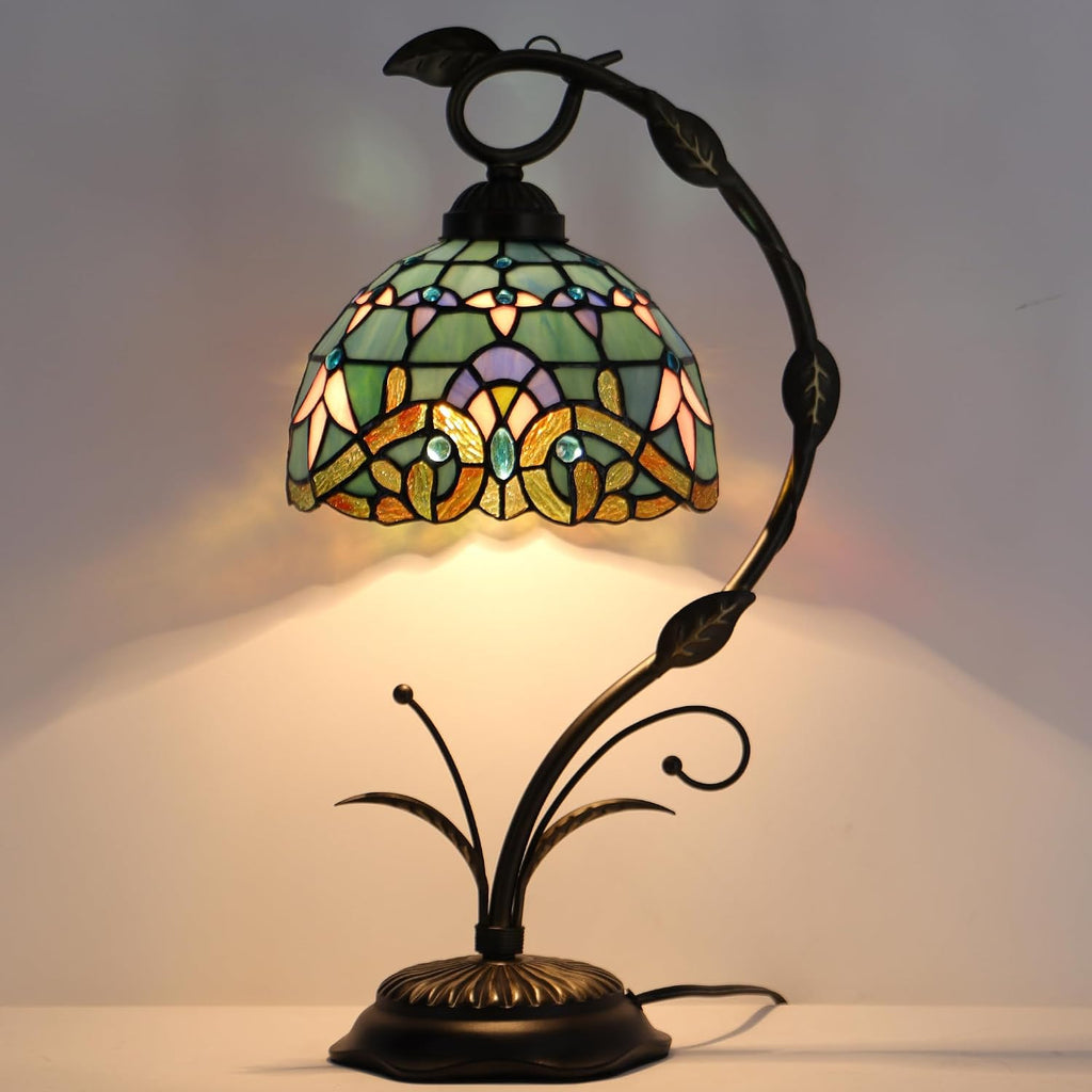 Tiffany Lamp Stained Glass Table Lamp Metal Leaf Base 8X10X19 Inch Reading Desk Light (Baroque Style)
