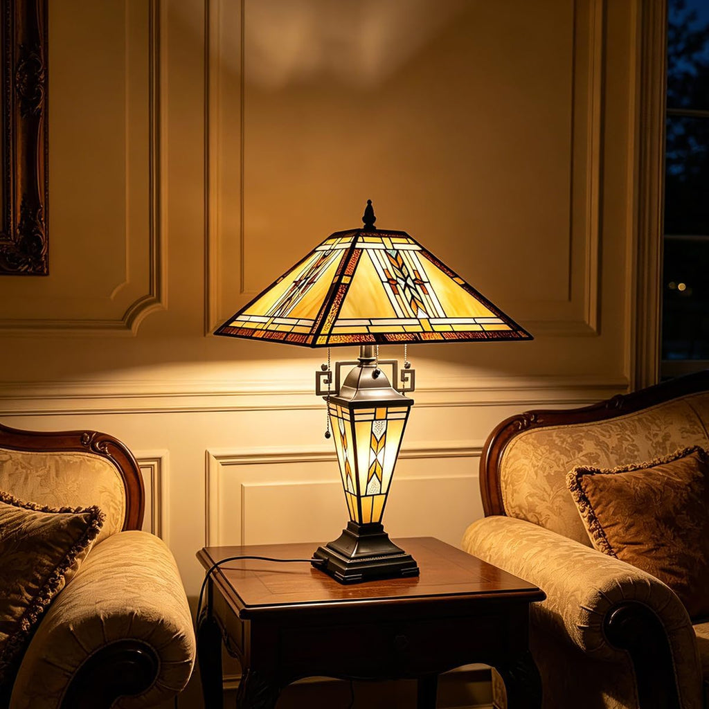 Tiffany Table Lamps with Nightlight,16' Wide Handmade Stained Glass Desk Lamp for Reading,3-Lights Mission Style Antique Nightstand Light for Living Room Bedroom Office