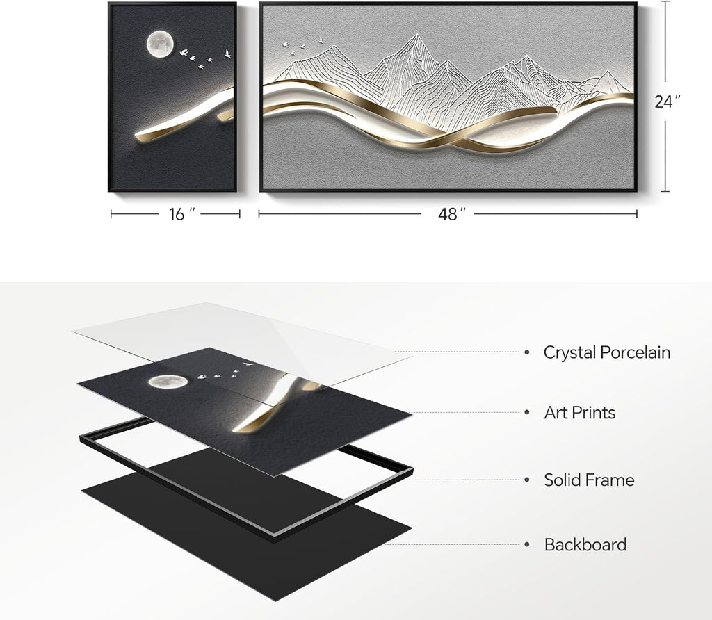Large Framed Modern Abstract Wall Art for Living Room, 2 Piece Silver Mountain Bright Style Artworks for Wall, Luxury Gray Blue Minimalist Painting Prints for Bedroom Hallway Home Office Wall Decor