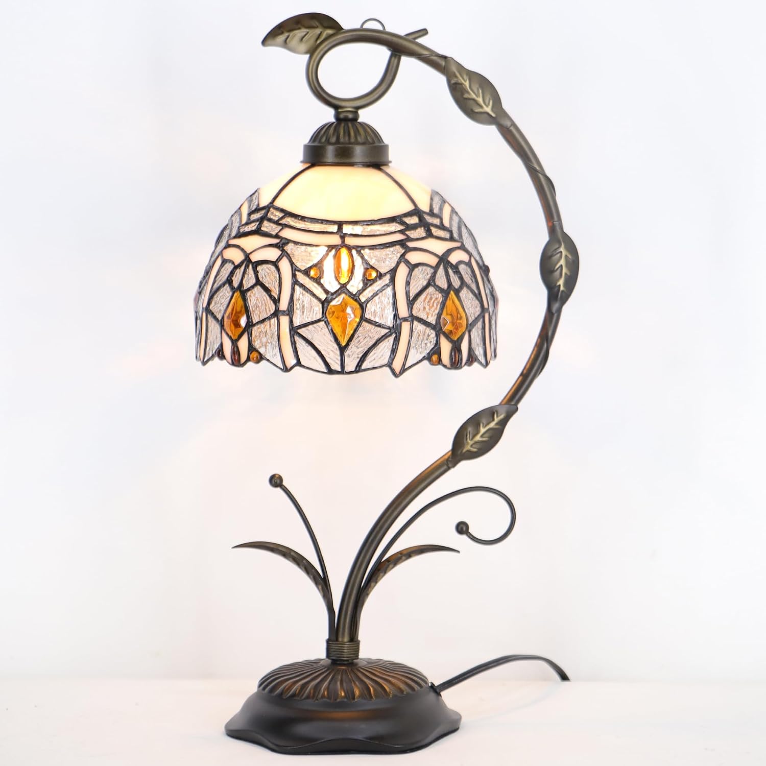 Tiffany Lamp Stained Glass Table Lamp Metal Leaf Base 8X10X19 Inch Reading Desk Light (Crystal Style)