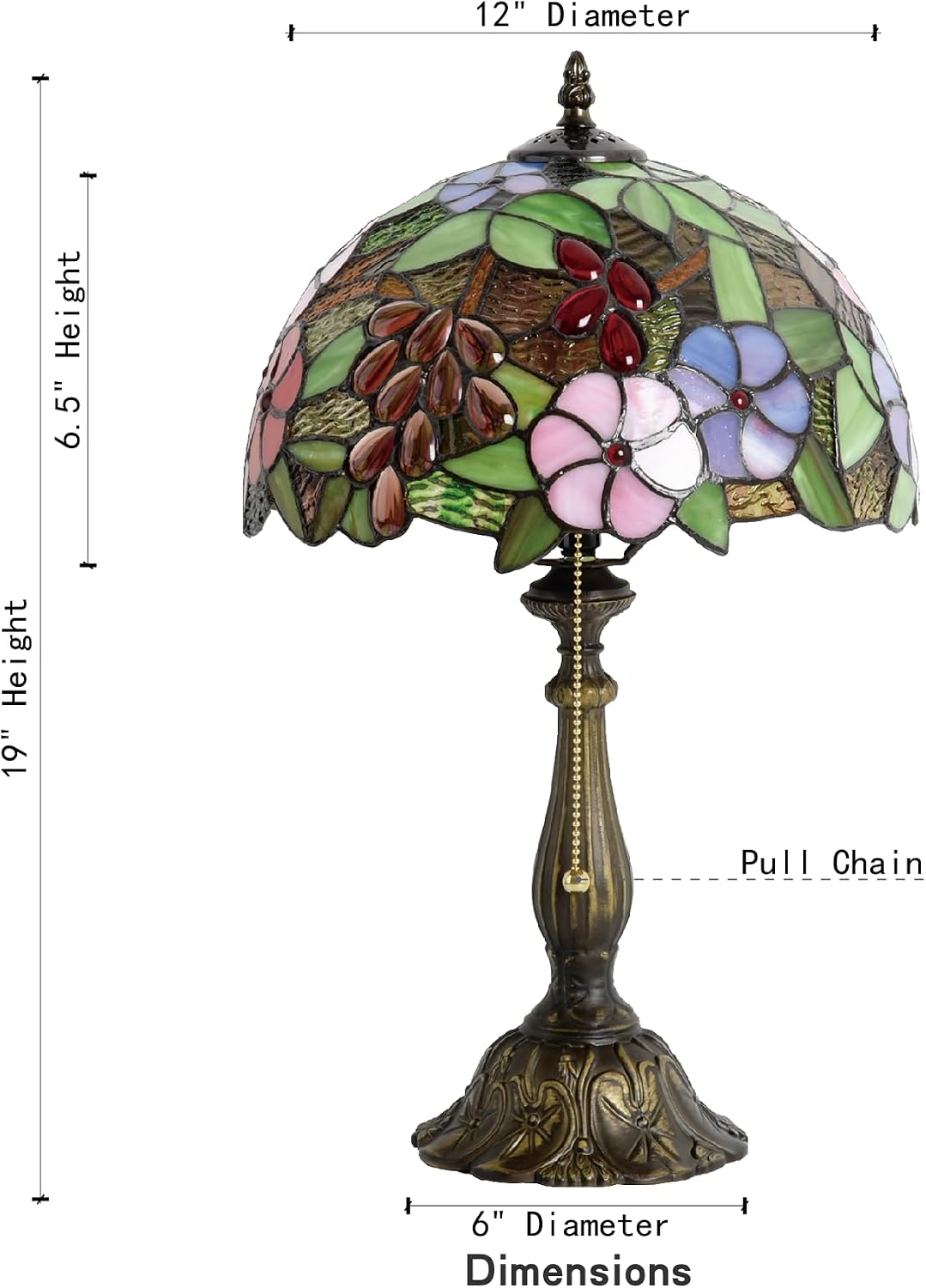 Tiffany Style Green Stained Glass Table Lamp, Purple Grape Colorful Blossom Desk Light with Antique Bronze Resin Base, Decorative Lighting for Bedroom, Living Room, Office 12X12X19 Inch