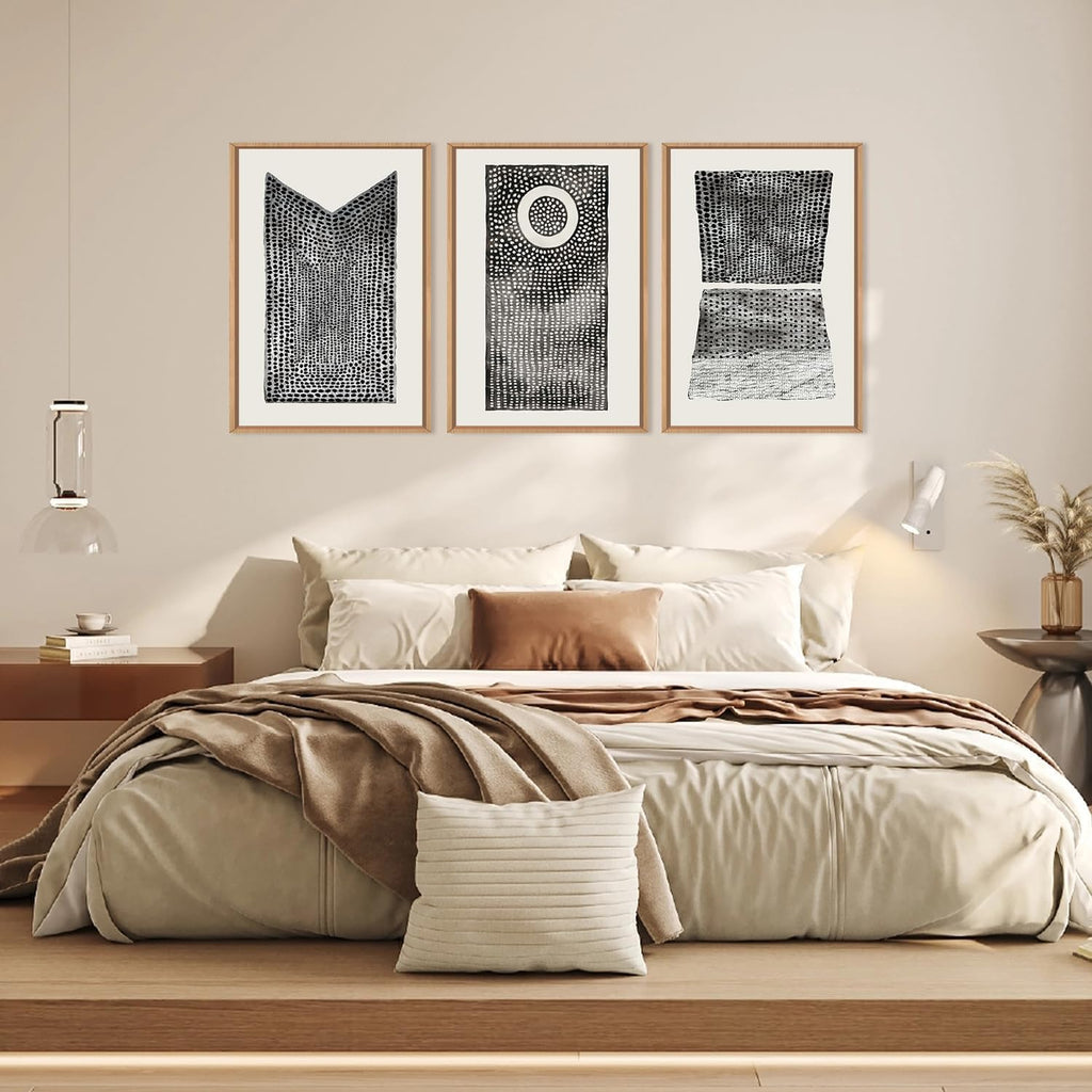 DRACIT Large Abstract Dot Black Pattern Framed Canvas Wall Art Set,Modern Neutral White Circle Wall Decor,Minimalist Black White Geometric Artwork for Living Room,Bedroom,Office-24 x36 x3