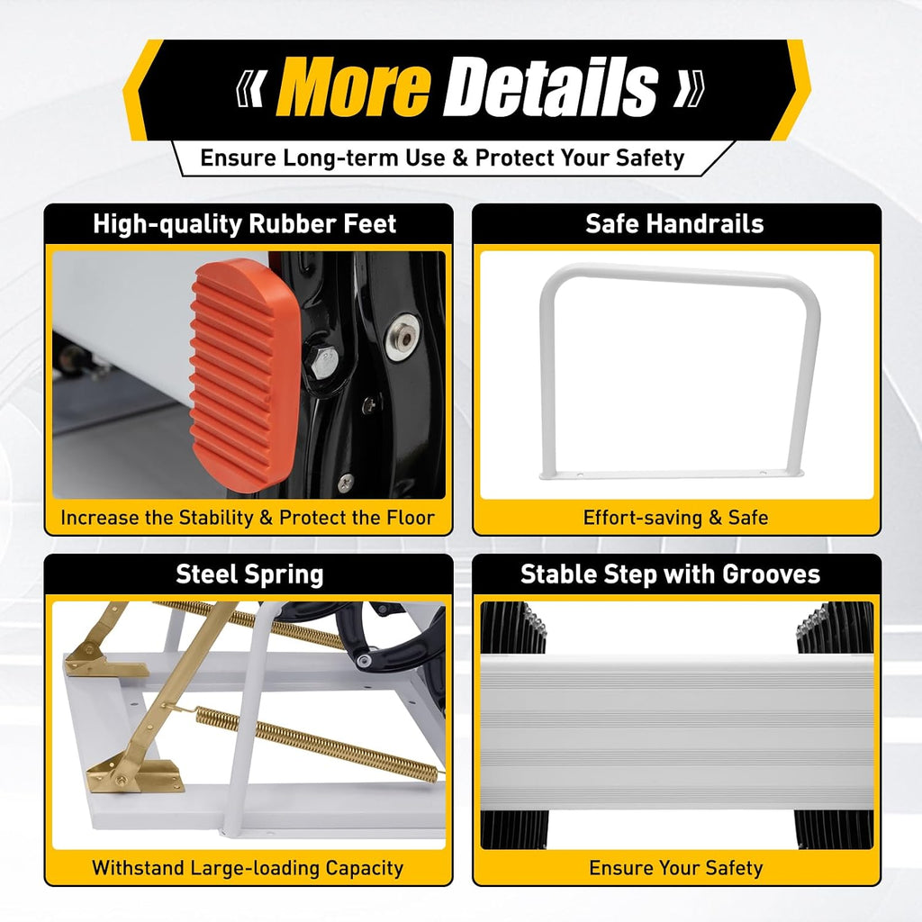 12 Steps Attic Ladder, Wall Mounted Pull Down Loft Steps Folding Stairs, 9.5-10.1Ft Height Aluminum Alloy Narrow Attic Extension Ladder w/Armrests for Basements Warehouses (12, Black2)