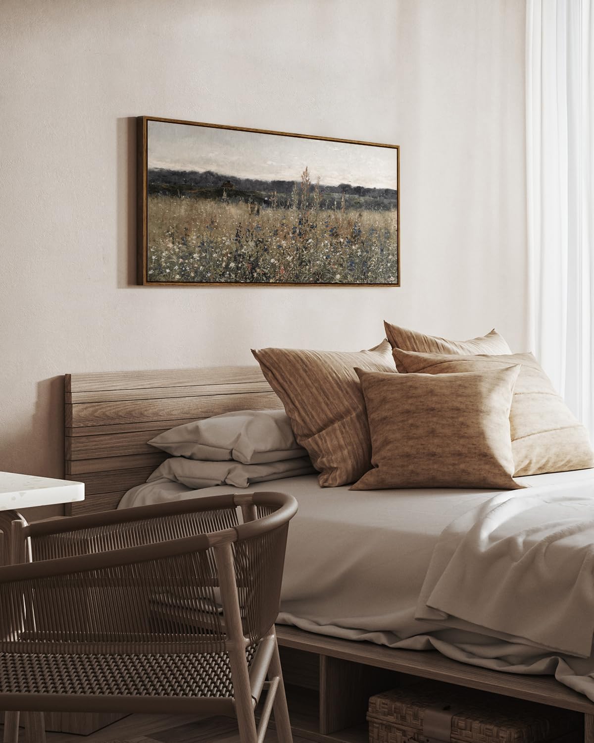 InSimSea Extra Large Framed Vintage Wall Art, Living Room Country Farmhouse Decor, Flower Meadow Landscape Paintings, Canvas Prints, Retro Scenery Long Pictures for Bedroom Above of Bed,24x48inch