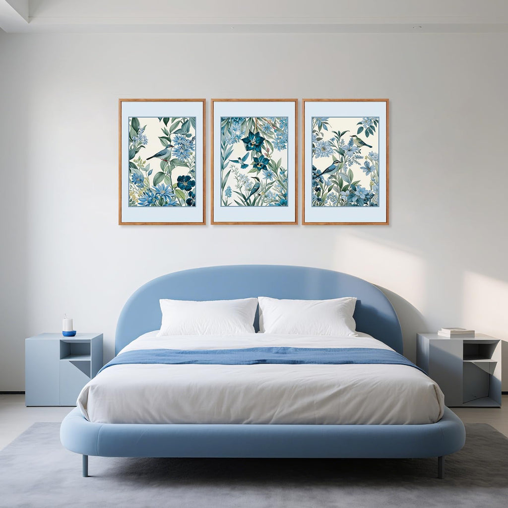 Aurlan Vintage Blue Birds and Botanical Framed Wall Art(24'x36'), 3PCS Classic Chinoiserie Audubon Bird Canvas Artwork, Large Abstract Watercolor Flowers Floral Home Decor for Bedroom Living Room
