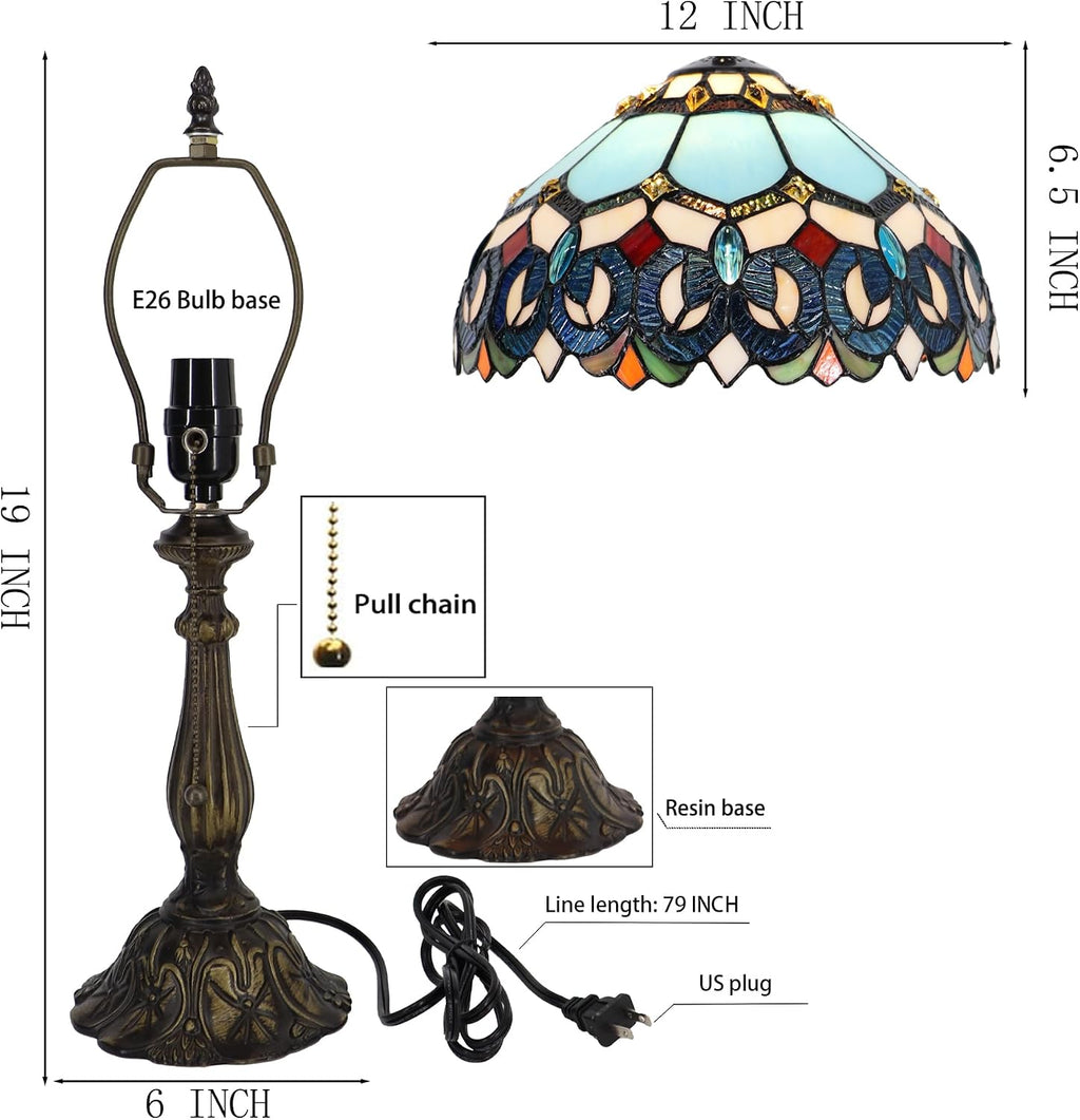Tiffany Lamp Stained Glass Table Lamp Bedside Reading Light W12H19 Inches (Sapphire Style)