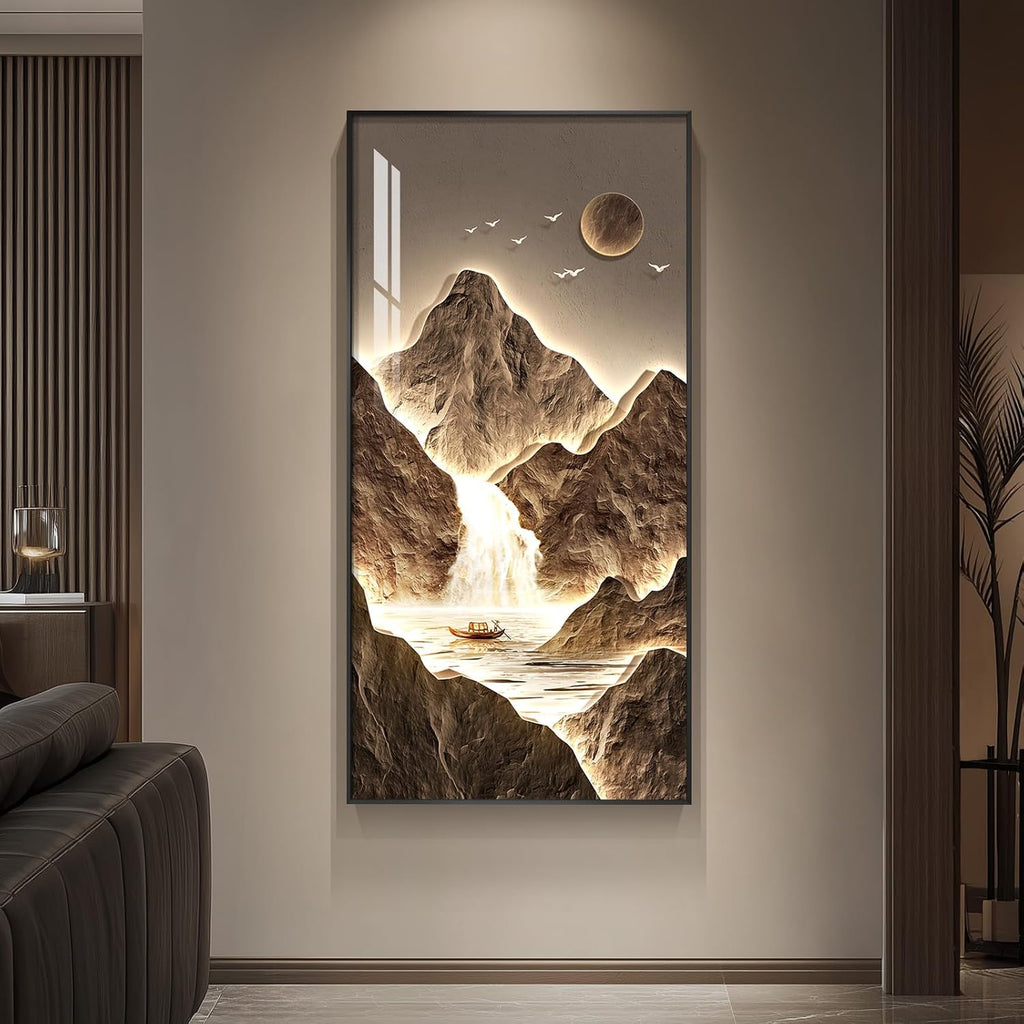 Framed Large Modern Mountain Wall Art for Living Room, Vertical Gold Bright Style Artwork for Walls, Luxury Landscape Scenery Painting Print for Entryway Hallway Stair Home Office Wall Decor, 30x60 In