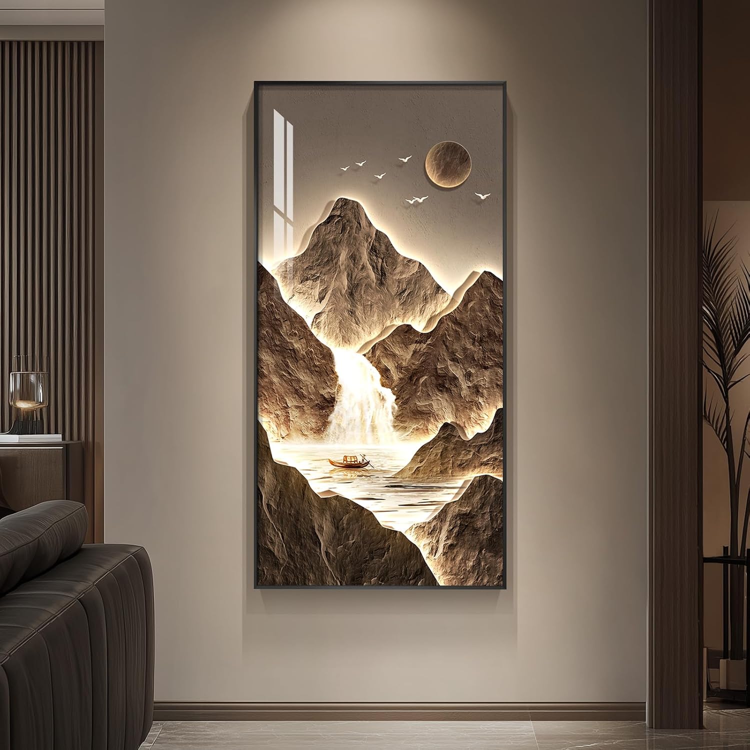 Framed Large Modern Mountain Wall Art for Living Room, Vertical Gold Bright Style Artwork for Walls, Luxury Landscape Scenery Painting Print for Entryway Hallway Stair Home Office Wall Decor, 30x60 In