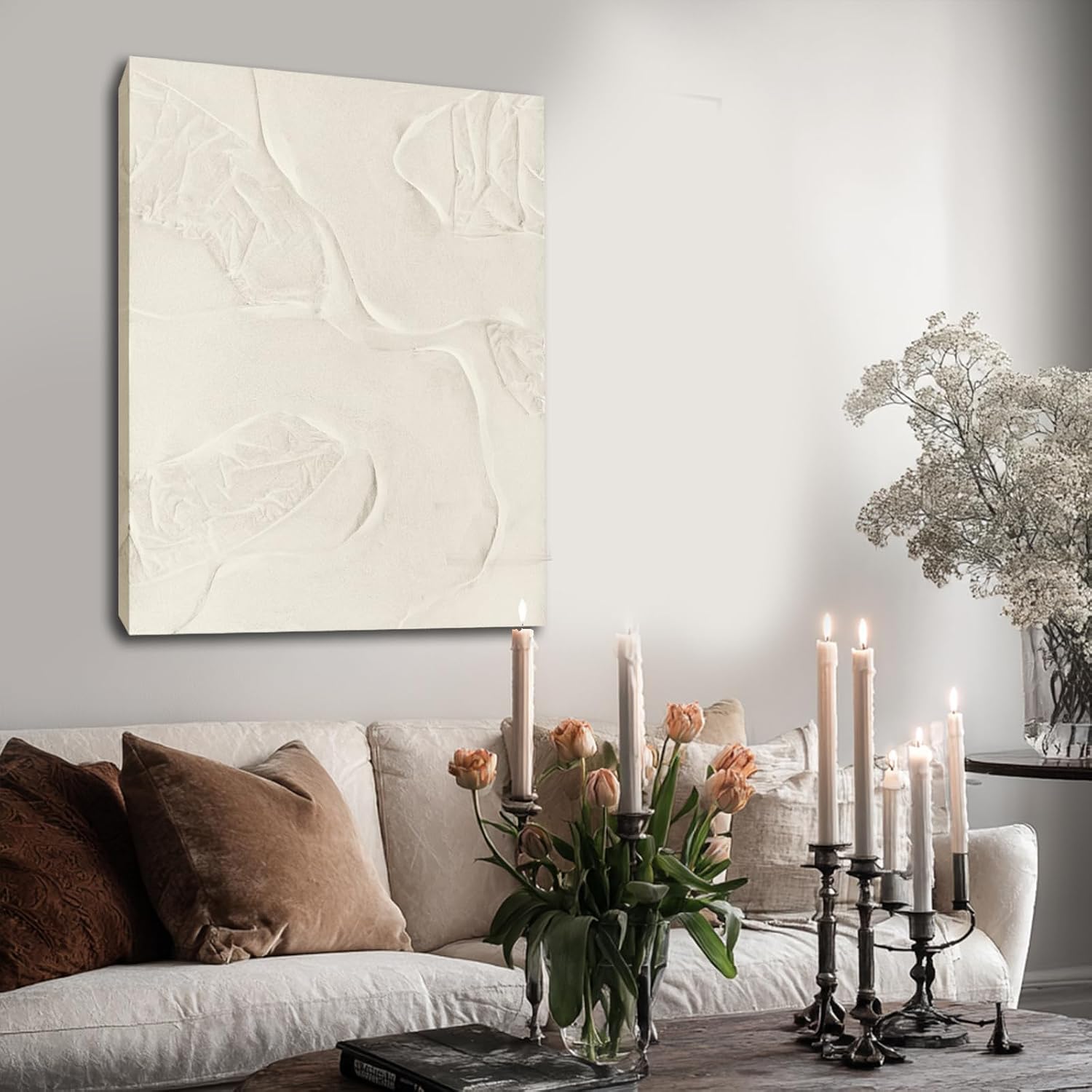CHUDANHAO Abstract Hand Painted Wall Art Beige Wall Decor Line Hanging Art 32'x40' Large Artwork for Living Room Office Decorations