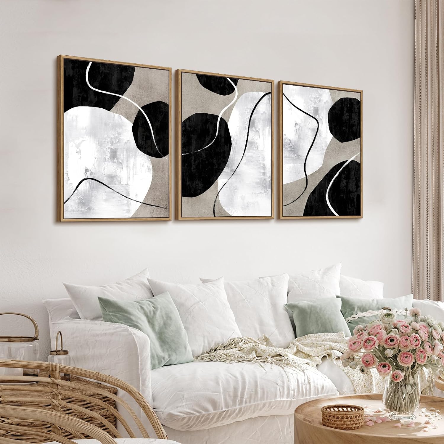 Minimalist Abstract Boho Wall Art - Natural Framed Abstract Canvas Picture Stone Painting Rock Line Artwork Modern Geometric Canvas Prints for Home Wall Decor 20' x 28' * 3 Tan Grey White Black