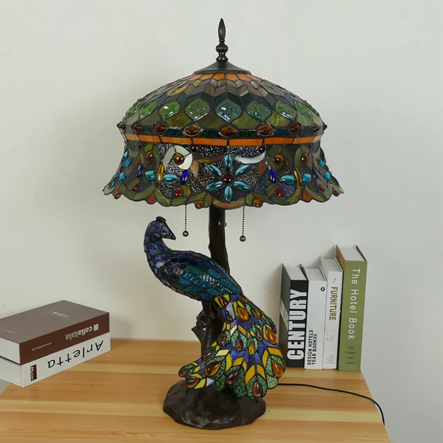 Peacock Tiffany Style Stained Glass Table Lamp, Vintage Handmade Decorative Desk Lamp Pull Cord Switch Reading Lamp for Living Room, Bedroom, Wedding Room, Villa,Hat
