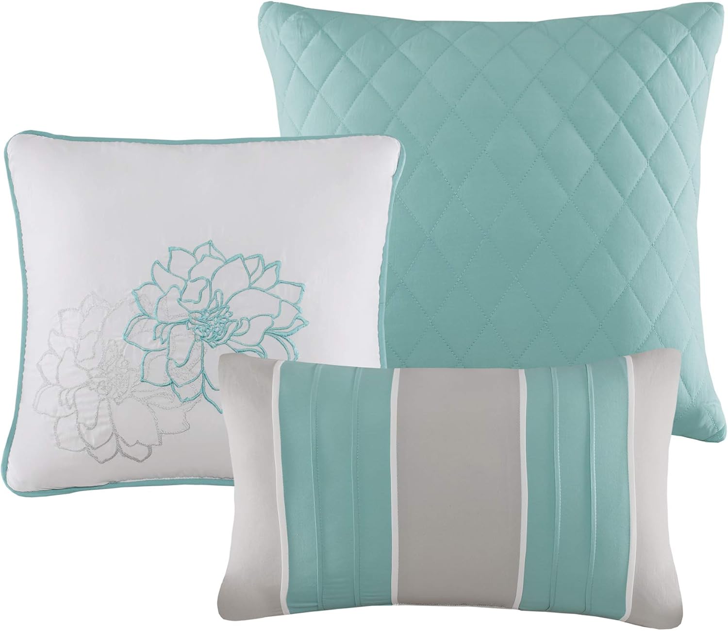 Madison Park Lola 100% Cotton Quilt Set - Casual Floral Channel Stitching Design, All Season, Lightweight Coverlet Bedspread Bedding, Shams, Decorative Pillows, King/Cal King(104'x94'), Aqua 6 Piece
