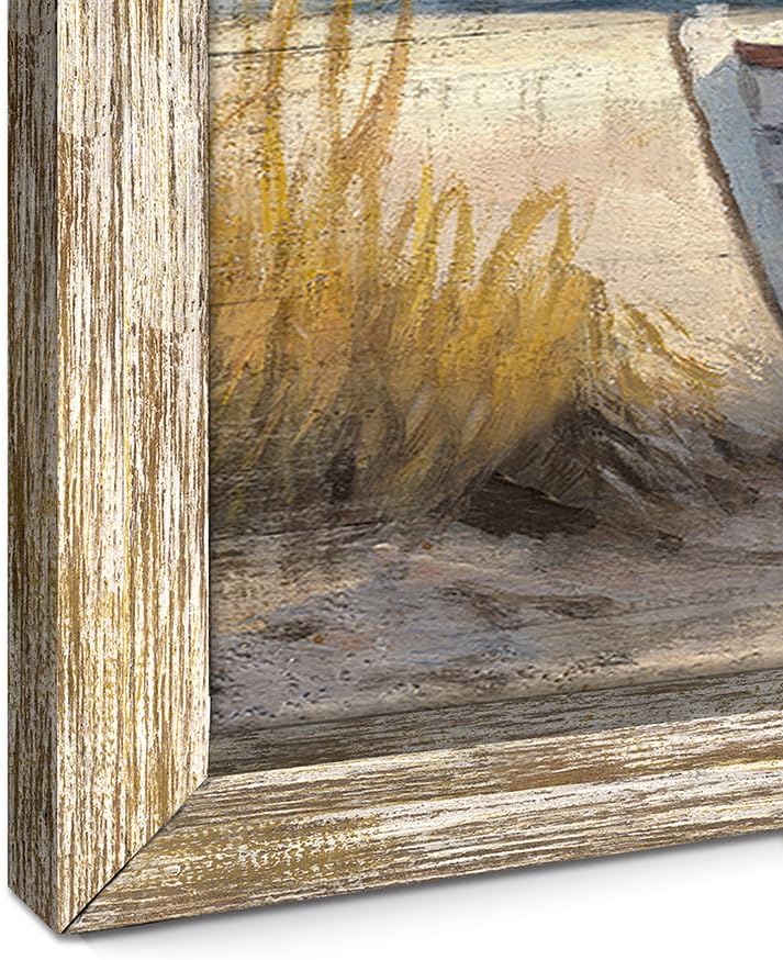 Beach Framed Wall Art Painting: Coastal Ocean Sunset Wooden Artwork Sea Boat Nautical Picture Seaside Seashore Seascape Print Decor for Bedroom Living Room Office