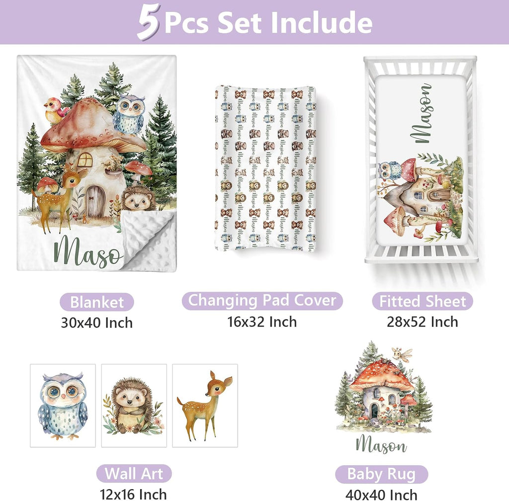 Personalized Baby Crib Bedding Set, 5 Pcs Custom Name Nursery Bedding Set for Girls Boys, Forest Animals Baby Crib Set for Toddlers Infants, Double Layer Bedding Crib Sets Customized Gifts