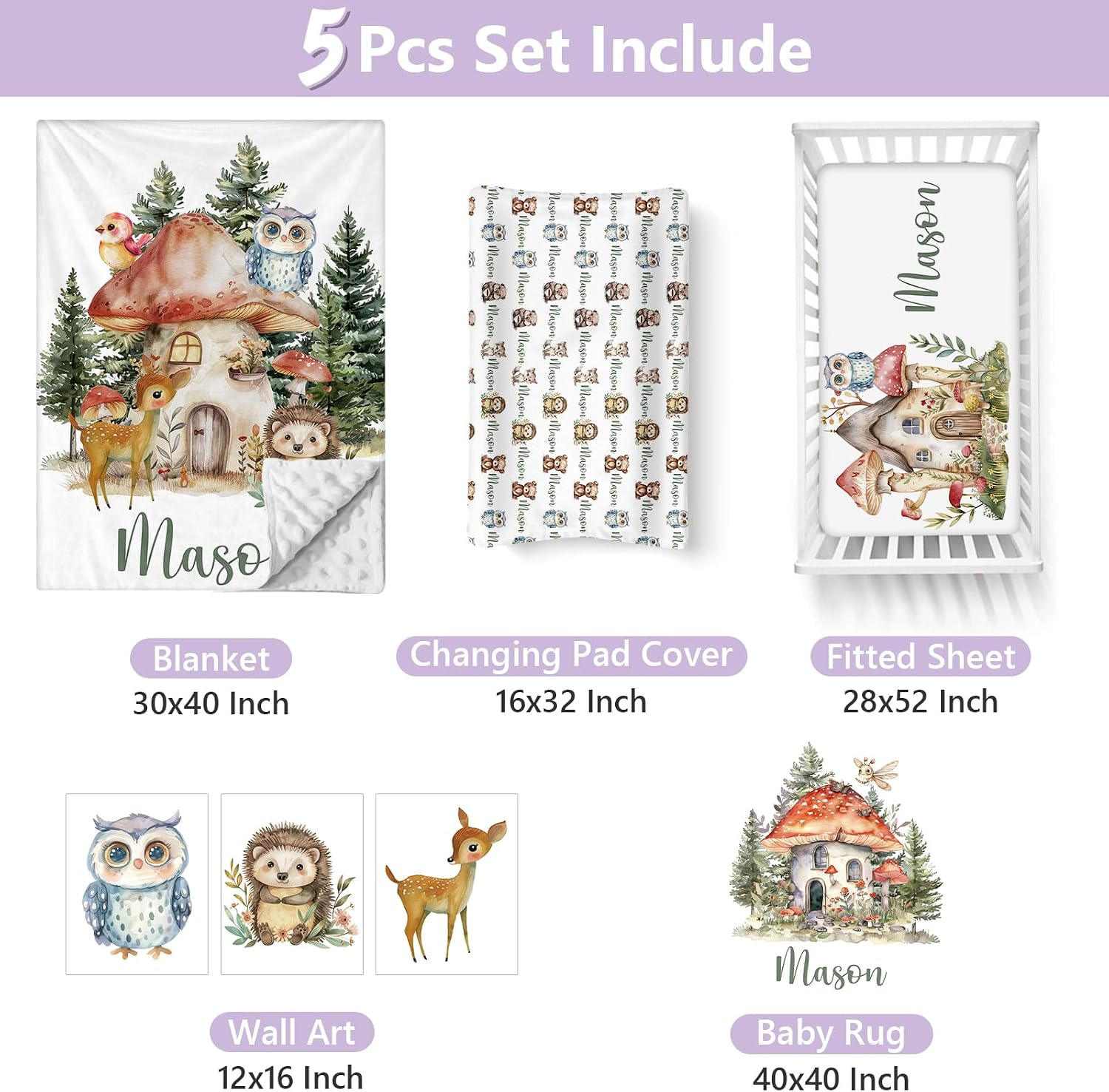 Personalized Baby Crib Bedding Set, 5 Pcs Custom Name Nursery Bedding Set for Girls Boys, Forest Animals Baby Crib Set for Toddlers Infants, Double Layer Bedding Crib Sets Customized Gifts