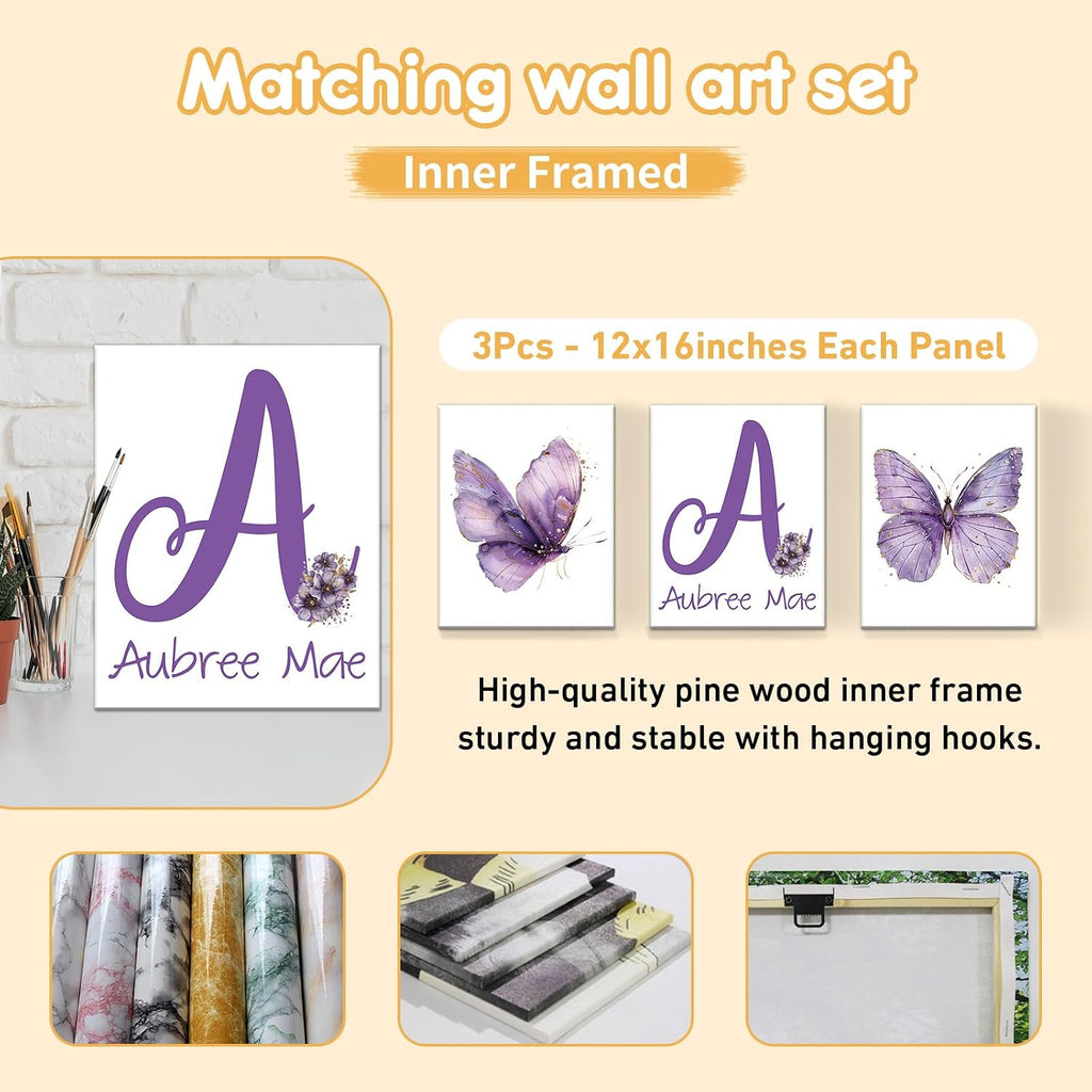 Terwex Personalized Baby Bedding Set, 5 Pcs Custom Toddlers Bedding Set with Infant Name, Soft Double Layer Nursery Crib Set for Girls Boys, Customized Infants Gifts for Baby Shower, Purple Butterfly