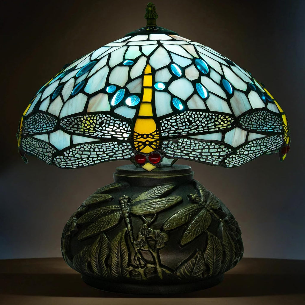 12 Inch Dragonfly Tiffany Lamp with Remote Control, Adjustable Brightness and Color Temperature, E26 Bulb, 9W, Ocean Blue Dragonfly Mushroom Stained Glass Bedside Lamp
