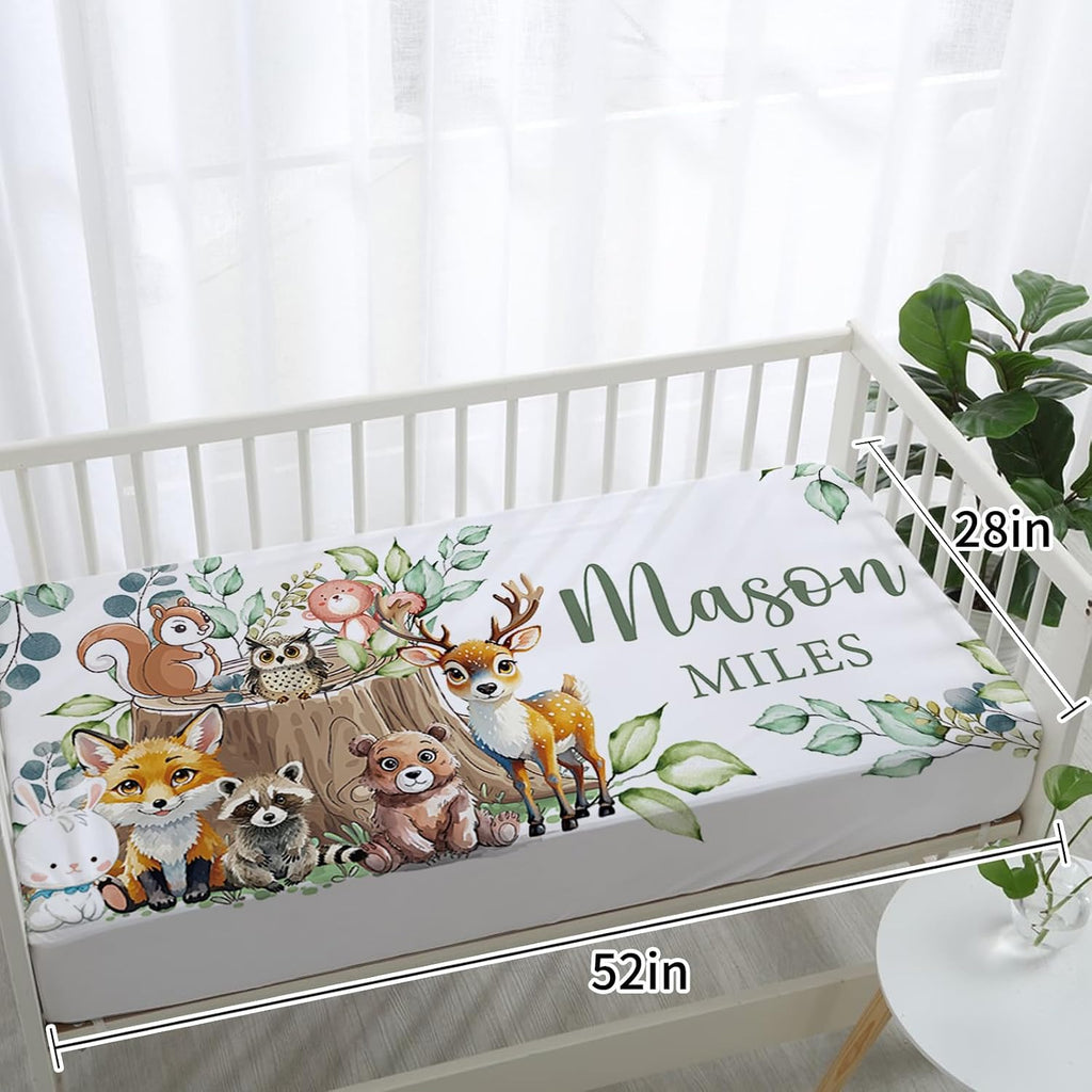 TOOTANN Custom Baby Crib Bedding Set, 5 Pcs Personalized Name Baby Crib Sheets for Kid Toddler Infant, Forest Animals and Tree Stumps Nursery Bedding Set