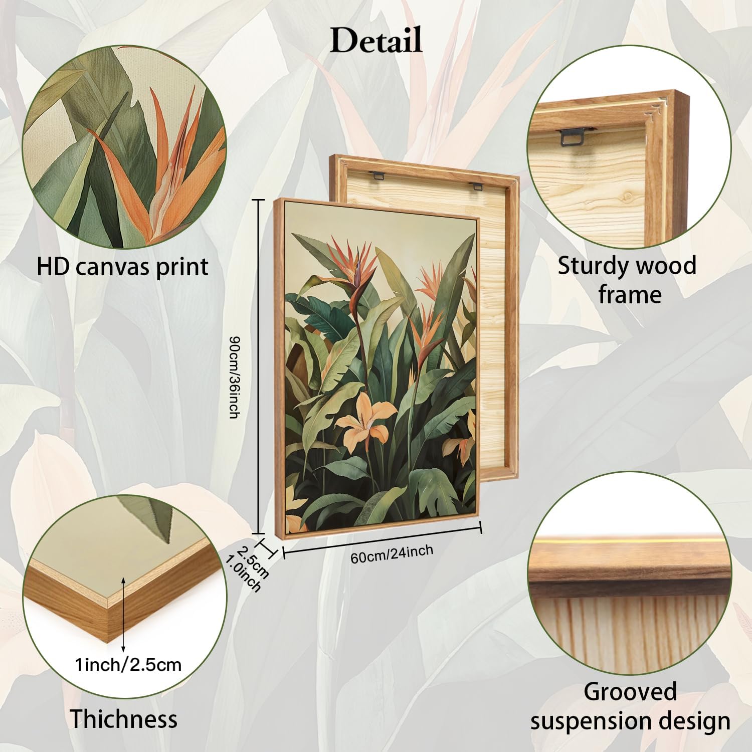 HLNIUC Boho Tropical Leaves Framed Canvas Wall Art,Abstract Flower Wall Decor Set of 3(24'x36')Modern Green Plant Banana Leaf Art Print,Tropical Botanical Jungle Painting for Living Room Bedroom Office